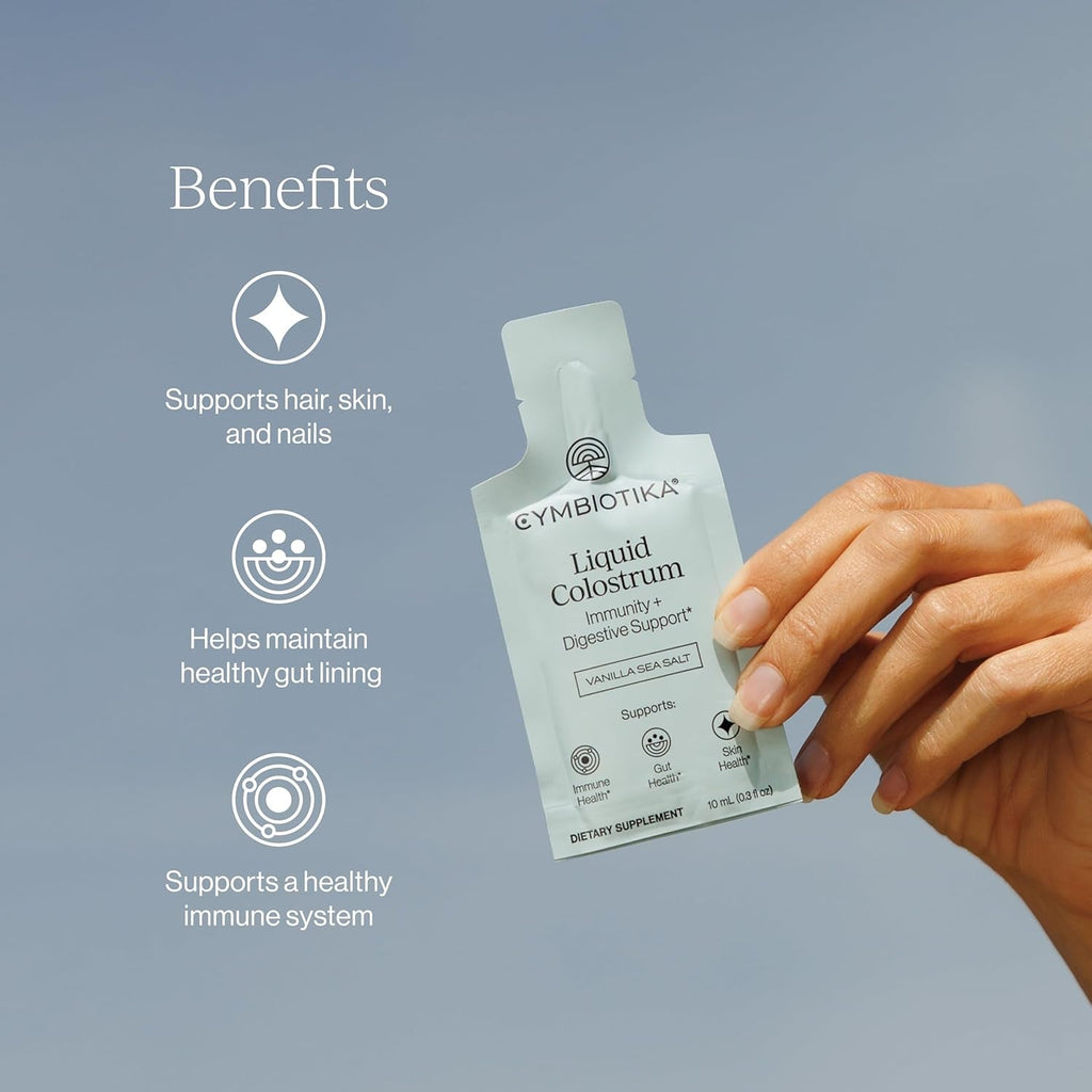CYMBIOTIKA Liquid Colostrum, 1.5G Full Spectrum Colostrum, Grass-Fed Bovine Colostrum for Gut Health, Immune Support, Skin & Recovery, Sea Salt Vanilla Flavor, 26 Daily Packets (Single Pack)