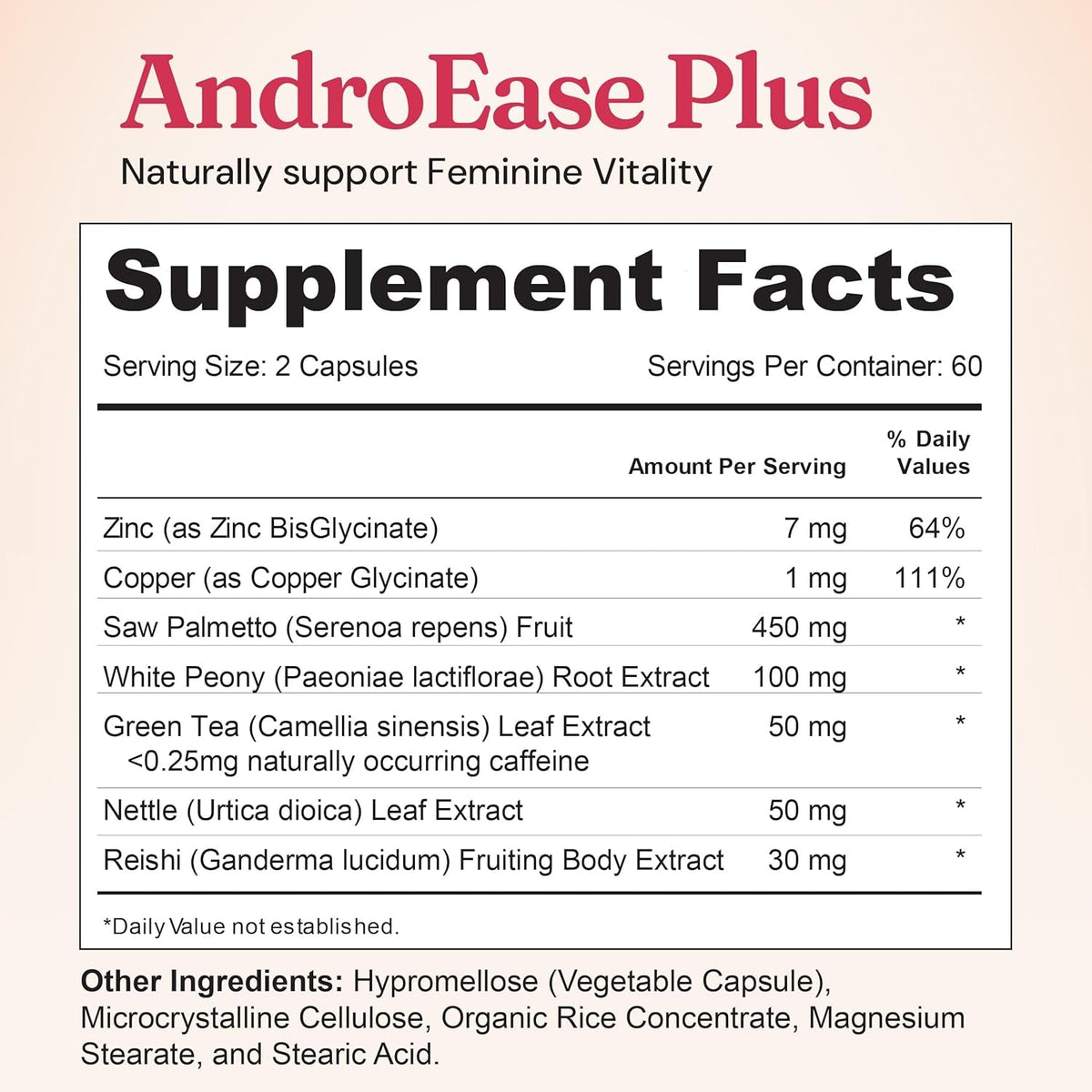 Nourished Androease plus - Vegan Hormone Balance for Women - Zinc, Reishi, Green Tea and Saw Palmetto for Women - for Energy, Vitality, Facial Hair and Daily Wellness - 60 Capsules, Made in USA