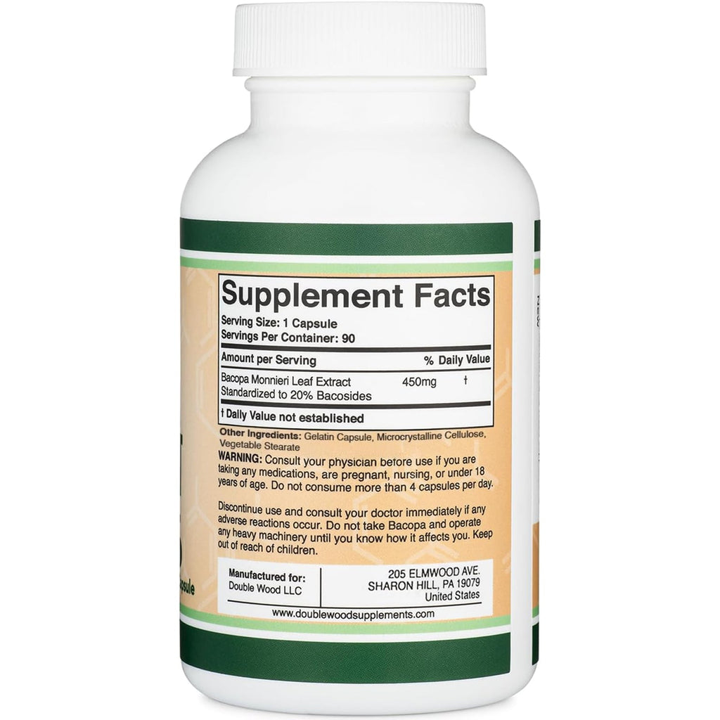 Bacopa Monnieri Capsules 20% Bacosides 450Mg, 90 Count (Non-Gmo, Gluten Free) Brahmi Extract (Memory Supplement for Brain Health, Focus, and Cognitive Function) by Double Wood