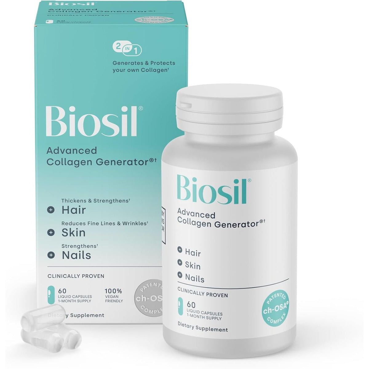 Biosil Collagen Booster Supplement - 60 Vegan Capsules - Patented Ch-Osa Activator for Skin, Hair, Nails & Joints - Supports Natural Production - 30-Day Supply
