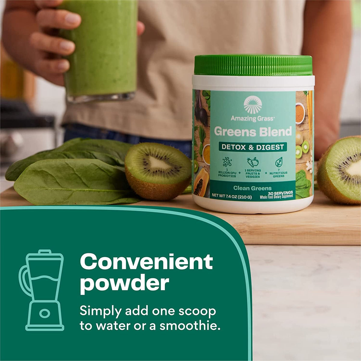Amazing Grass Greens Blend Detox & Digest, Smoothie Mix, Cleanse with Super Greens Powder, Digestive Enzymes & Probiotics, Clean Greens, 30 Servings, 7.4 Ounce (Packaging May Vary)