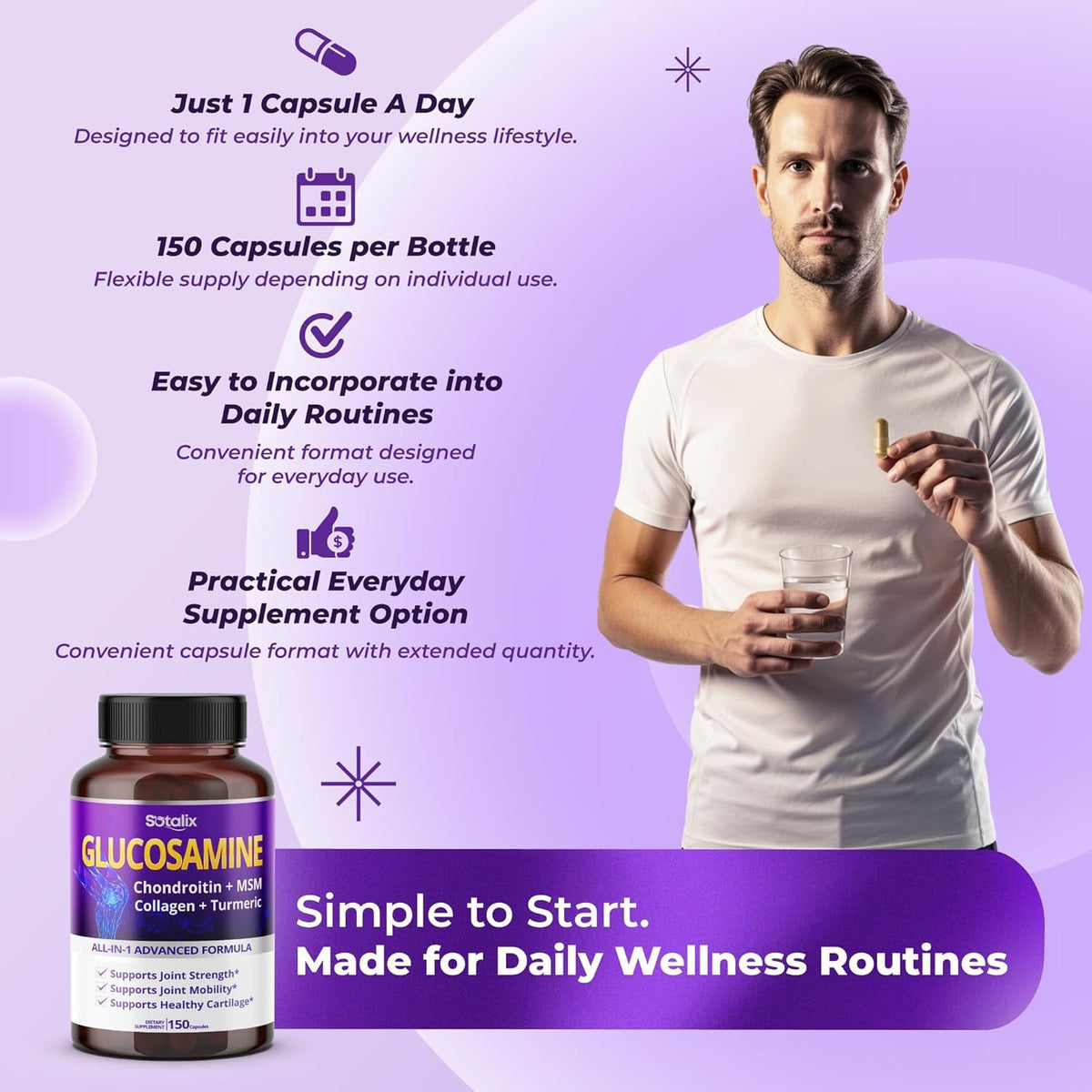 Sotalix Glucosamine 650Mg – All-In-1 Joint Support with Chondroitin, MSM, Collagen, Turmeric, Vitamin D3 & Hyaluronic Acid – 150 Capsules – Shellfish-Free