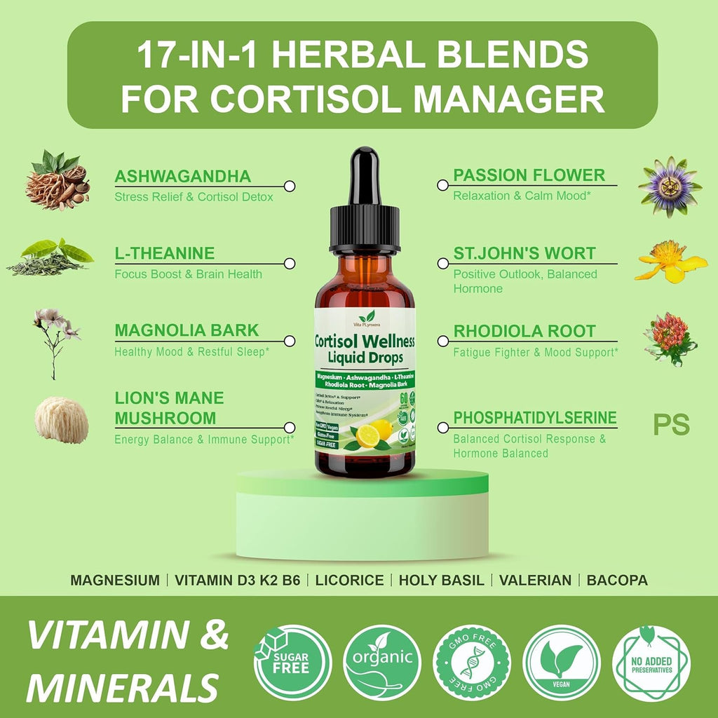 Vita Plynxera Cortisol Supplement Liquid Drops, 17-In-1 Cortisol Detox W. Magnesium Glycinate 400Mg Ashwagandha, L-Theanine, Phosphatidylserine, Hormone Balanced for Women, Mood Focus, Sleep Support