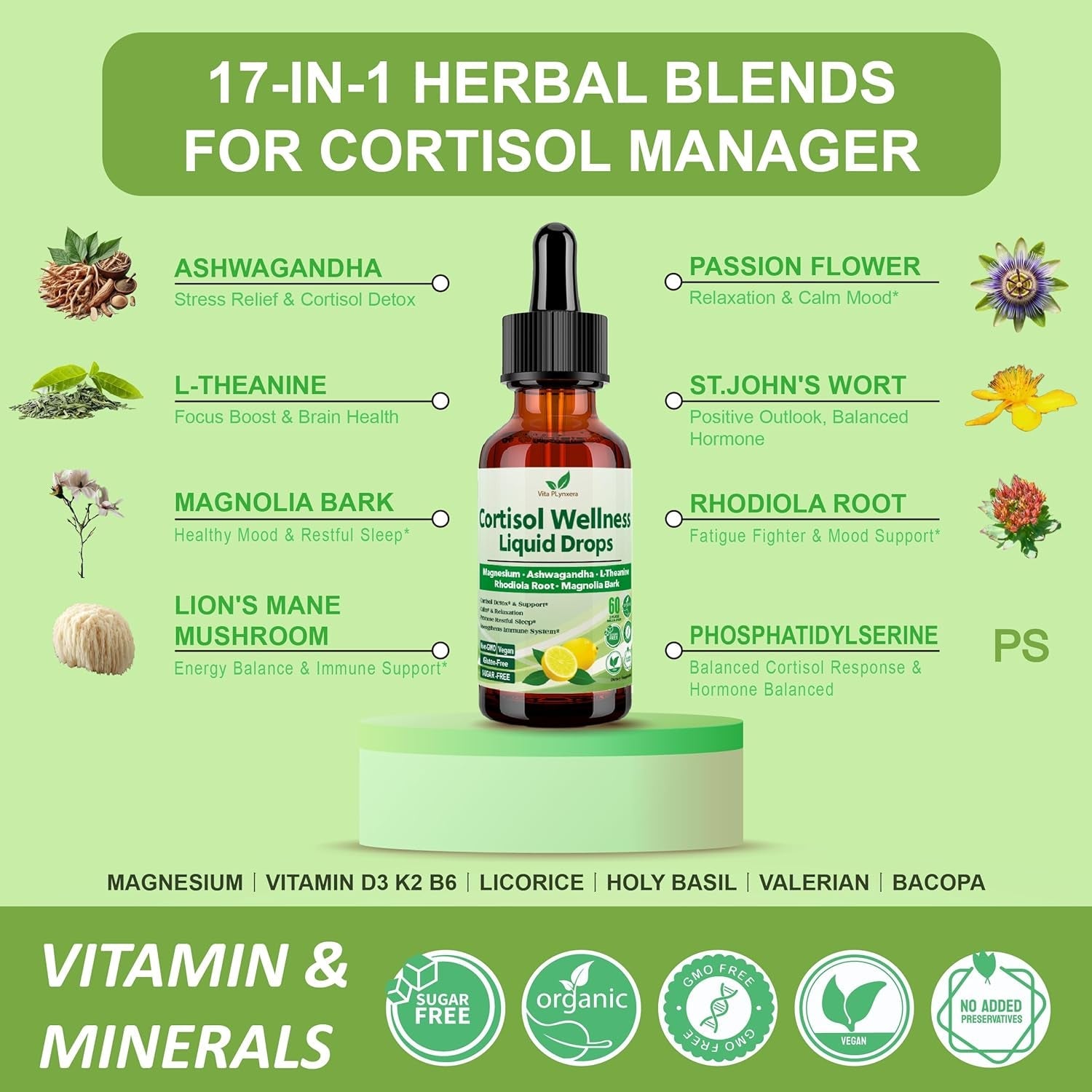 Vita Plynxera Cortisol Supplement Liquid Drops, 17-In-1 Cortisol Detox W. Magnesium Glycinate 400Mg Ashwagandha, L-Theanine, Phosphatidylserine, Hormone Balanced for Women, Mood Focus, Sleep Support