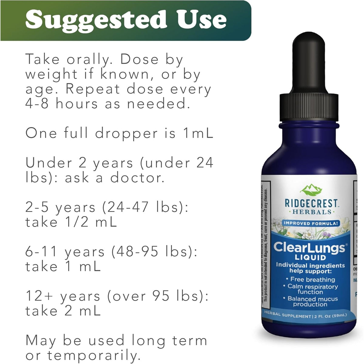Ridgecrest Herbals Clearlungs Liquid Herbal Supplement, Orange Flavor Alcohol Free for Adults and Kids, Natural Lung and Nasal Wellness Formula for Bronchial and Mucus Support (2 Fl Oz, 29 Servings)