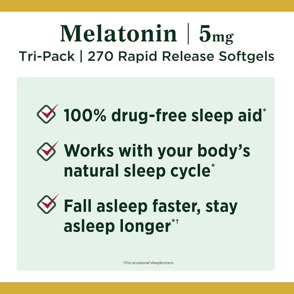 Nature'S Bounty Melatonin 100% Drug Free Sleep Aid, Dietary Supplement, Promotes Relaxation and Sleep Health, 5 Mg, 90 Count, Pack of 3