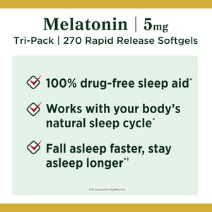Nature'S Bounty Melatonin 100% Drug Free Sleep Aid, Dietary Supplement, Promotes Relaxation and Sleep Health, 5 Mg, 90 Count, Pack of 3