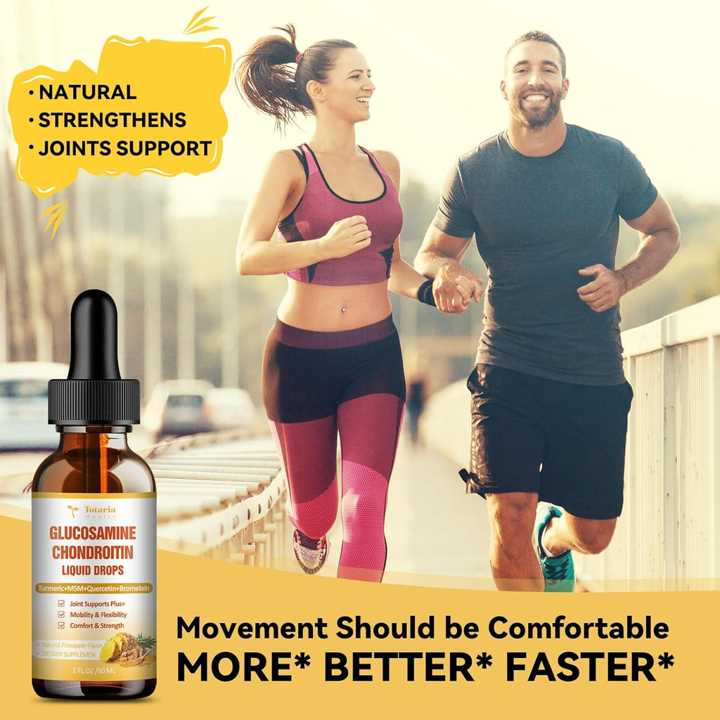 Glucosamine Chondroitin MSM Liquid Drops, Vitamin D3 - Joint Support Supplement for Mobility, Flexibility & Bones Chondroitin Sulfate Supplement Turmeric, Quercetin, Bromelain, MSM Oil 2 FL.OZ