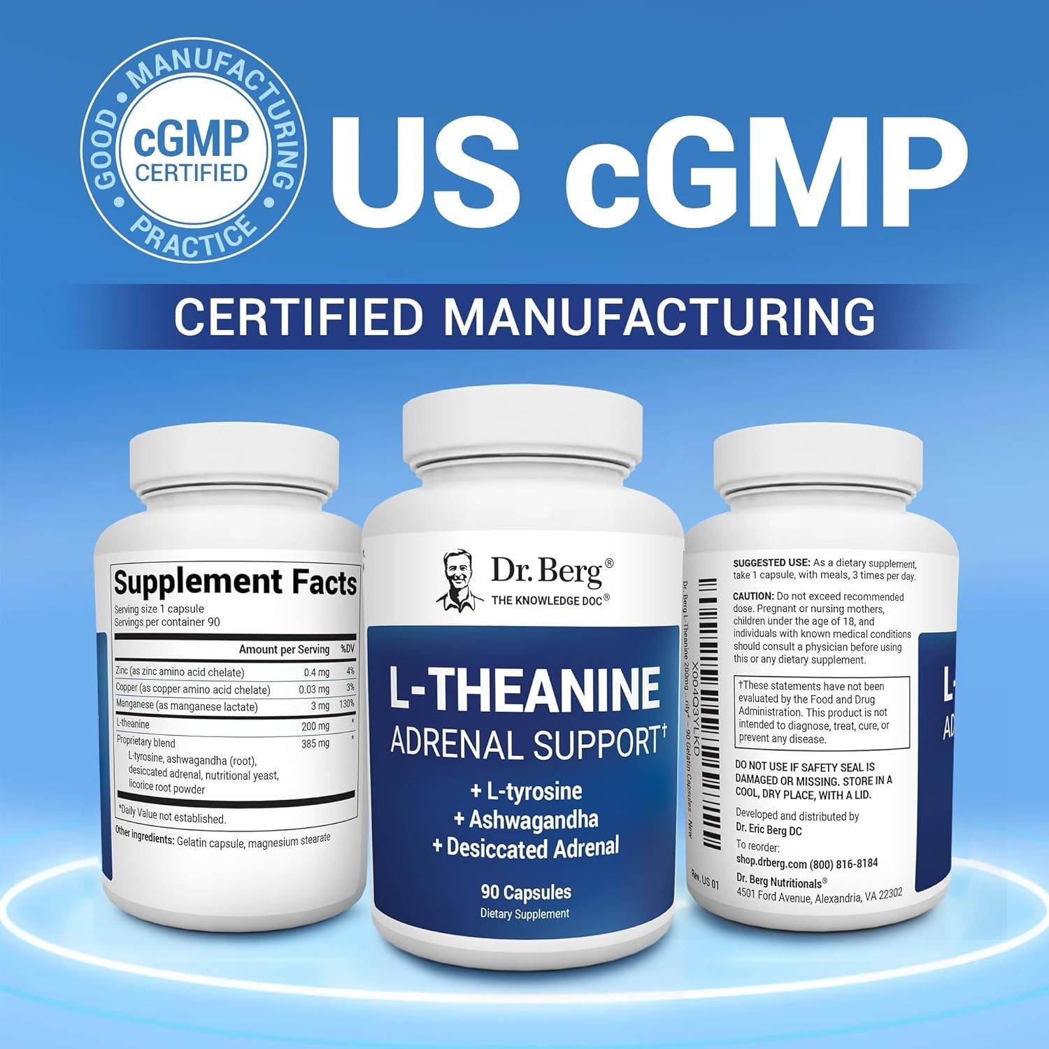 Dr. Berg L-Theanine 200Mg - Includes Zinc, Copper, L-Tyrosine, & Ashwagandha – L-Theanine Supplement Adrenal Support - for Relaxation, Stress Relief, and Mental Clarity* – 90 Gelatin Capsules