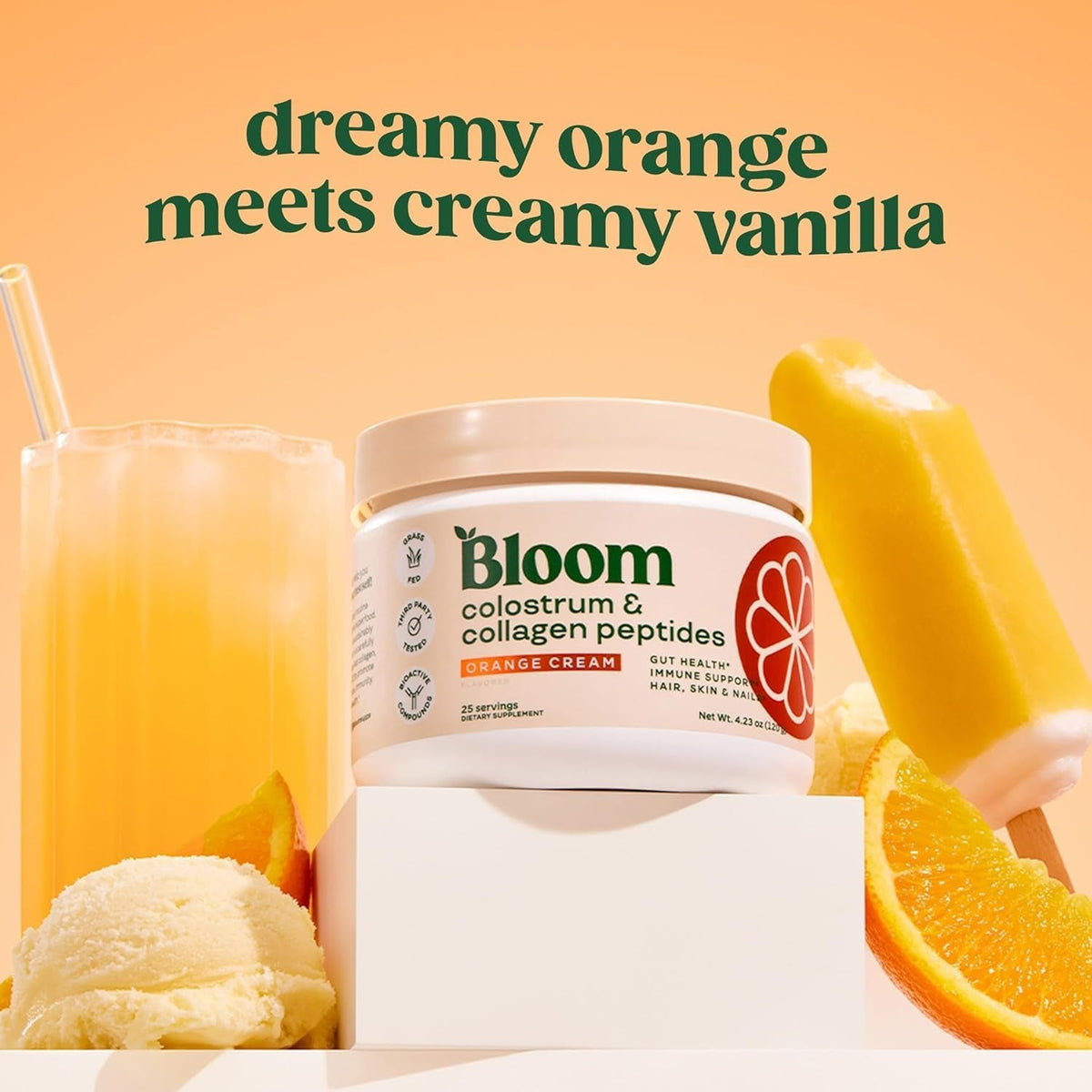 Bloom Nutrition Bovine Colostrum Powder for Gut Health, Immune Support, Hair Growth & Beauty Supplement, Gluten Free, Sugar Free | Orange Cream, 25 Servings