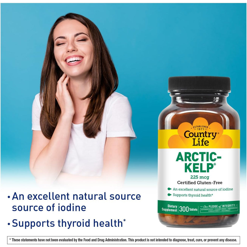 Country Life Arctic-Kelp – Natural Iodine Supplement for Thyroid and Immune Support – Vegan, Gluten-Free, 225 Mcg – Ideal for Thyroid Health, Hypothyroidism, and Adrenal Support, 300 Tablets