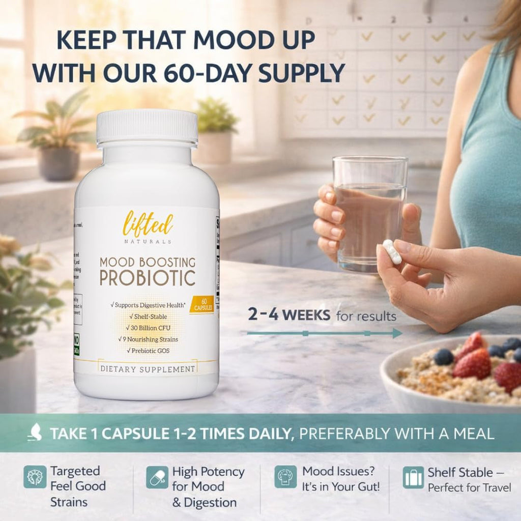Lifted Naturals Mood Boosting Probiotic 30 Billion CFU - Mood Support Supplement, Prebiotics and Probiotics for Women & Men, Acidophilus Lactobacillus Probiotic, Shelf Stable & Non-Gmo, 60 Capsules