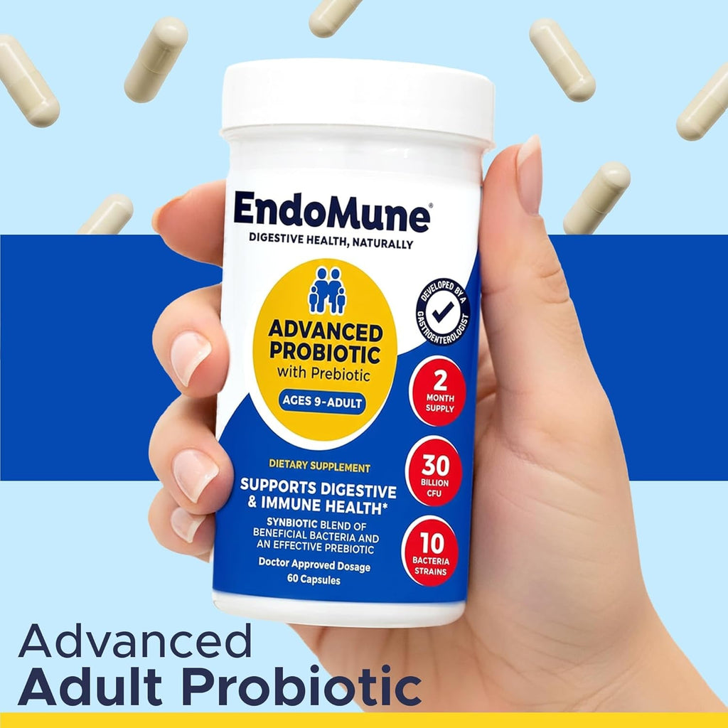 Endomune Advanced Adult Multi-Strain Probiotic Supplement with Prebiotic - 10 Strains, 30 Billion CFU - Physician Formulated (60-Count)