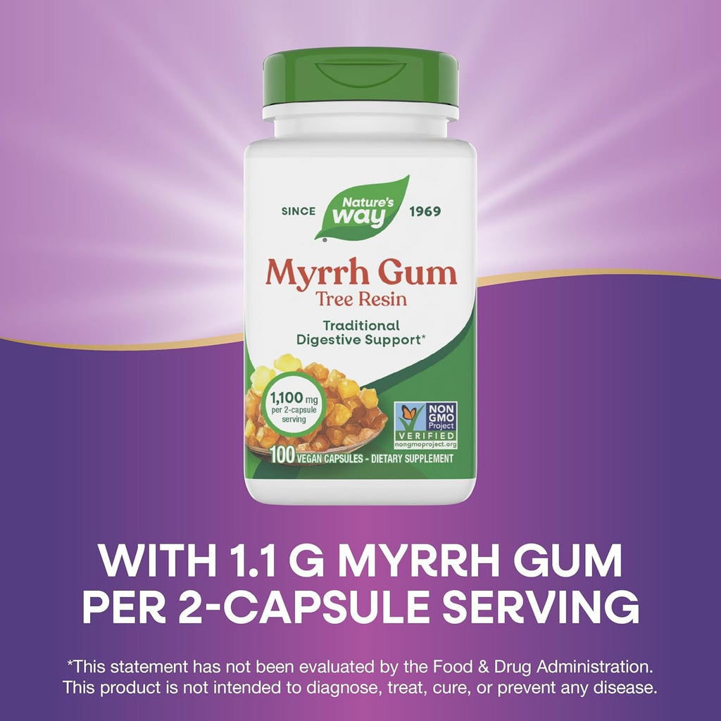 Nature'S Way Myrrh Gum Tree Resin, Traditional Digestive Support*, 1.1 G per 2-Capsule Serving, Non-Gmo Project Verified, No Gluten, 100 Vegan Capsules (Packaging May Vary)