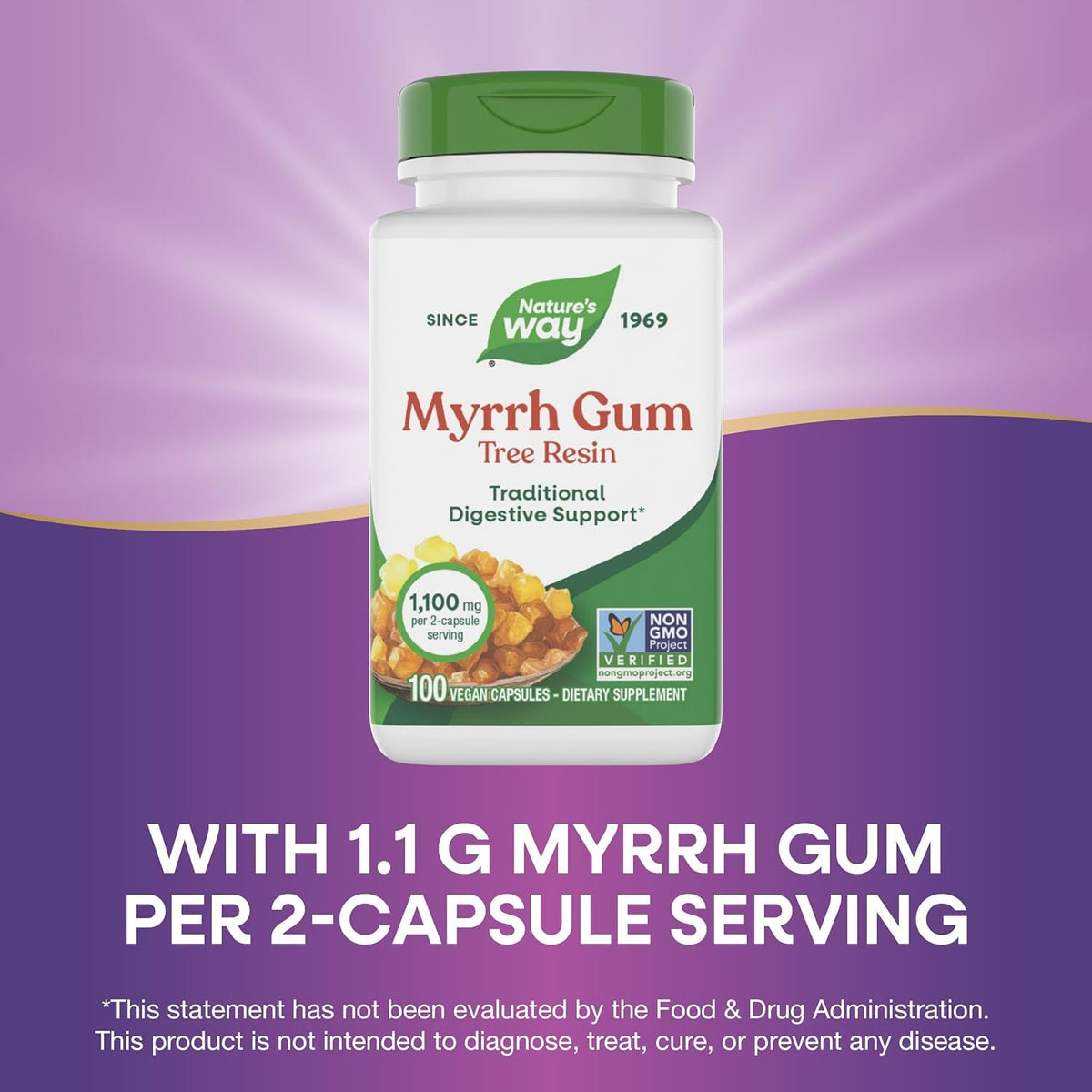 Nature'S Way Myrrh Gum Tree Resin, Traditional Digestive Support*, 1.1 G per 2-Capsule Serving, Non-Gmo Project Verified, No Gluten, 100 Vegan Capsules (Packaging May Vary)
