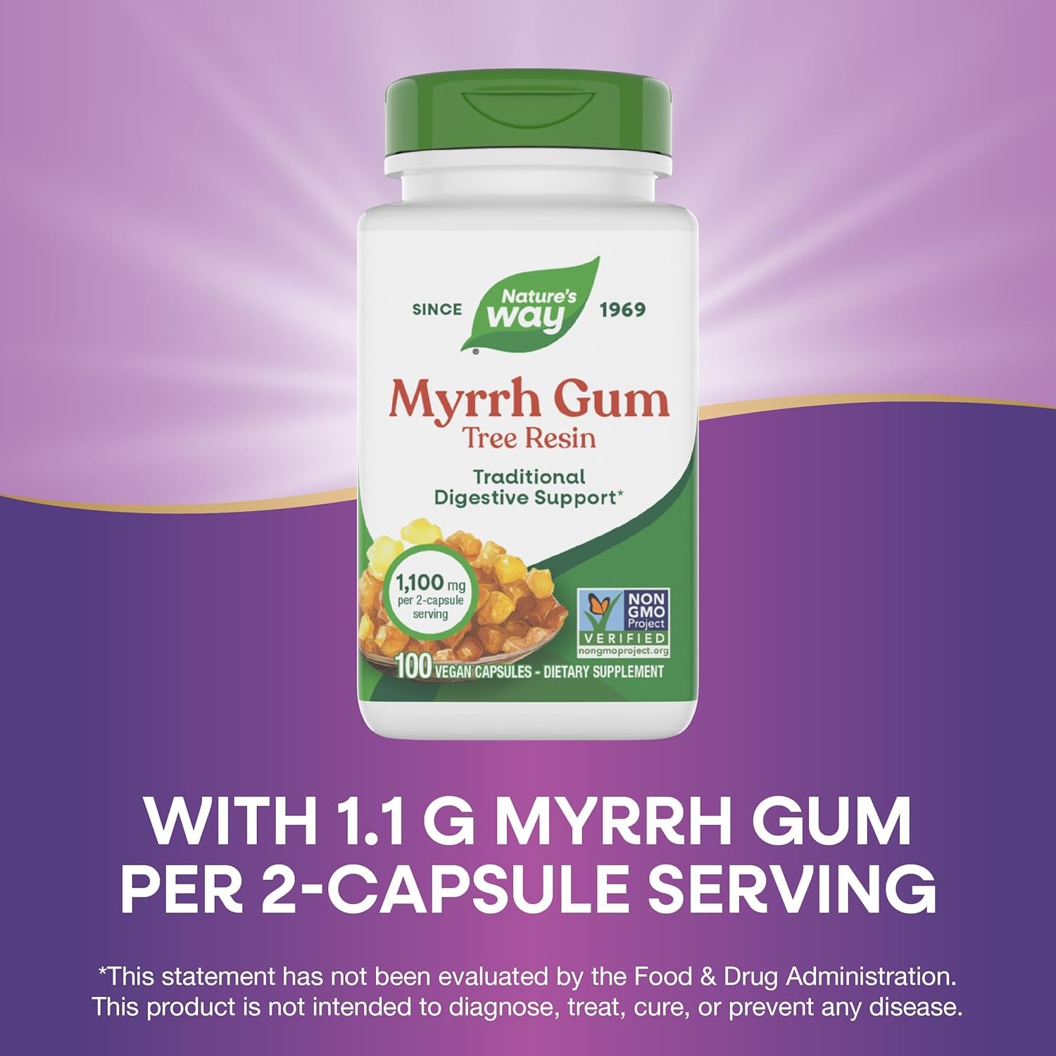 Nature'S Way Myrrh Gum Tree Resin, Traditional Digestive Support*, 1.1 G per 2-Capsule Serving, Non-Gmo Project Verified, No Gluten, 100 Vegan Capsules (Packaging May Vary)