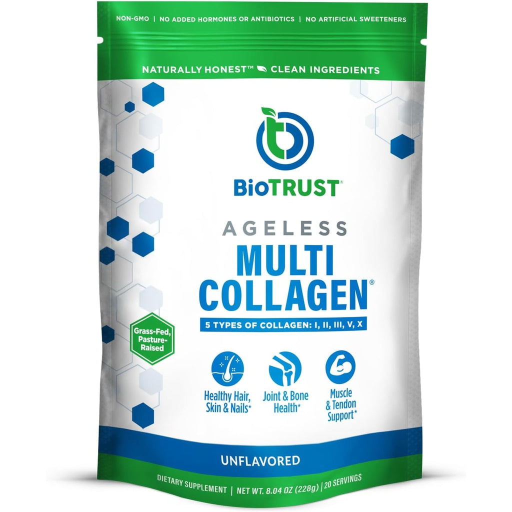 Biotrust Ageless Multi Collagen Peptides Powder - 5 Types (I, II, III, V, X) - Unflavored Collagen Powder for Women & Men - Hydrolyzed Protein - Grass Fed Beef, Fish, Chicken, Eggshell Membrane