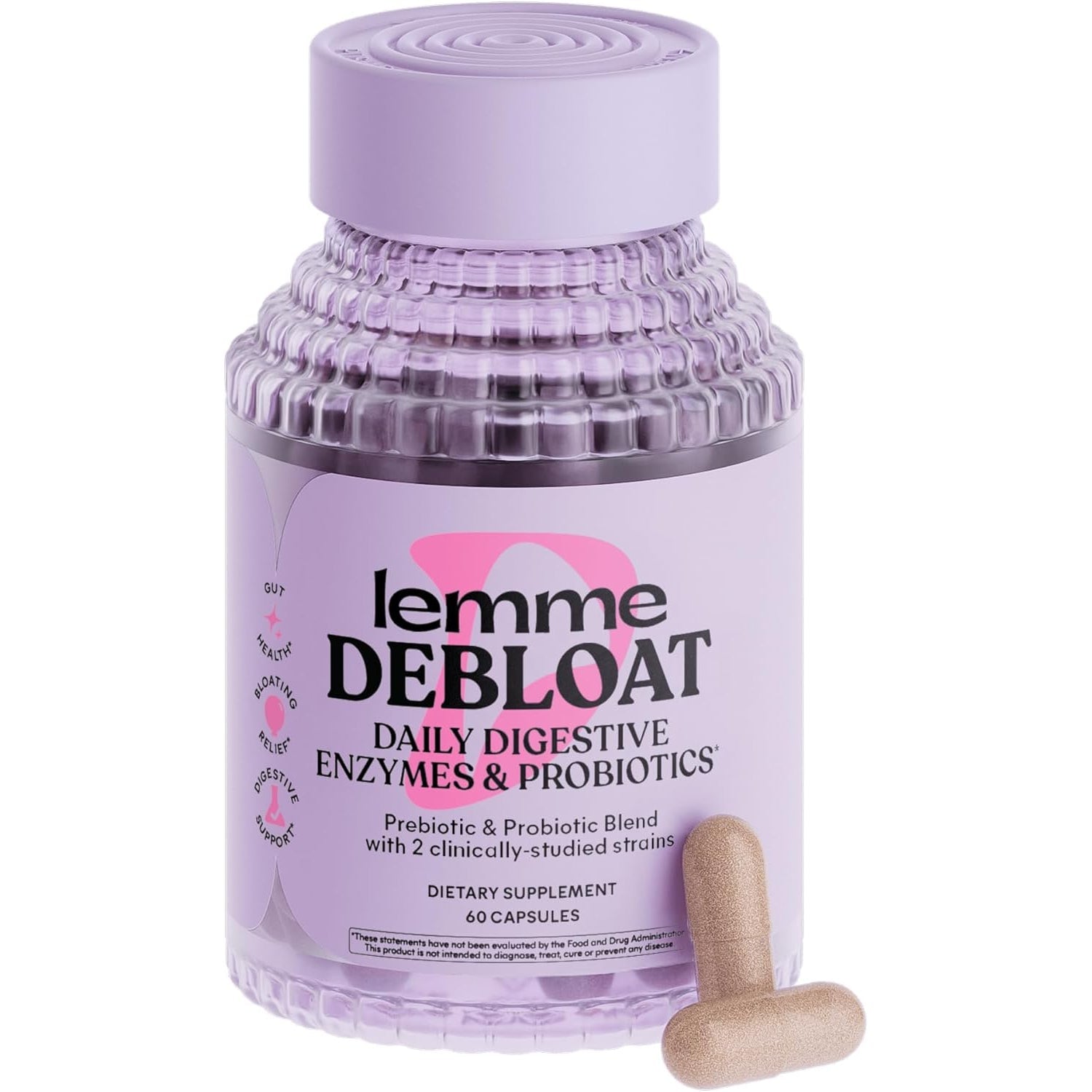 Lemme Debloat 3-In-1 Prebiotic, Probiotic & Digestive Enzyme Capsules for Bloating & Gas Relief - 2 Clinically Studied Probiotics W/5 Digestive Enzymes to Improve Digestion, Women & Men, (60 Count)