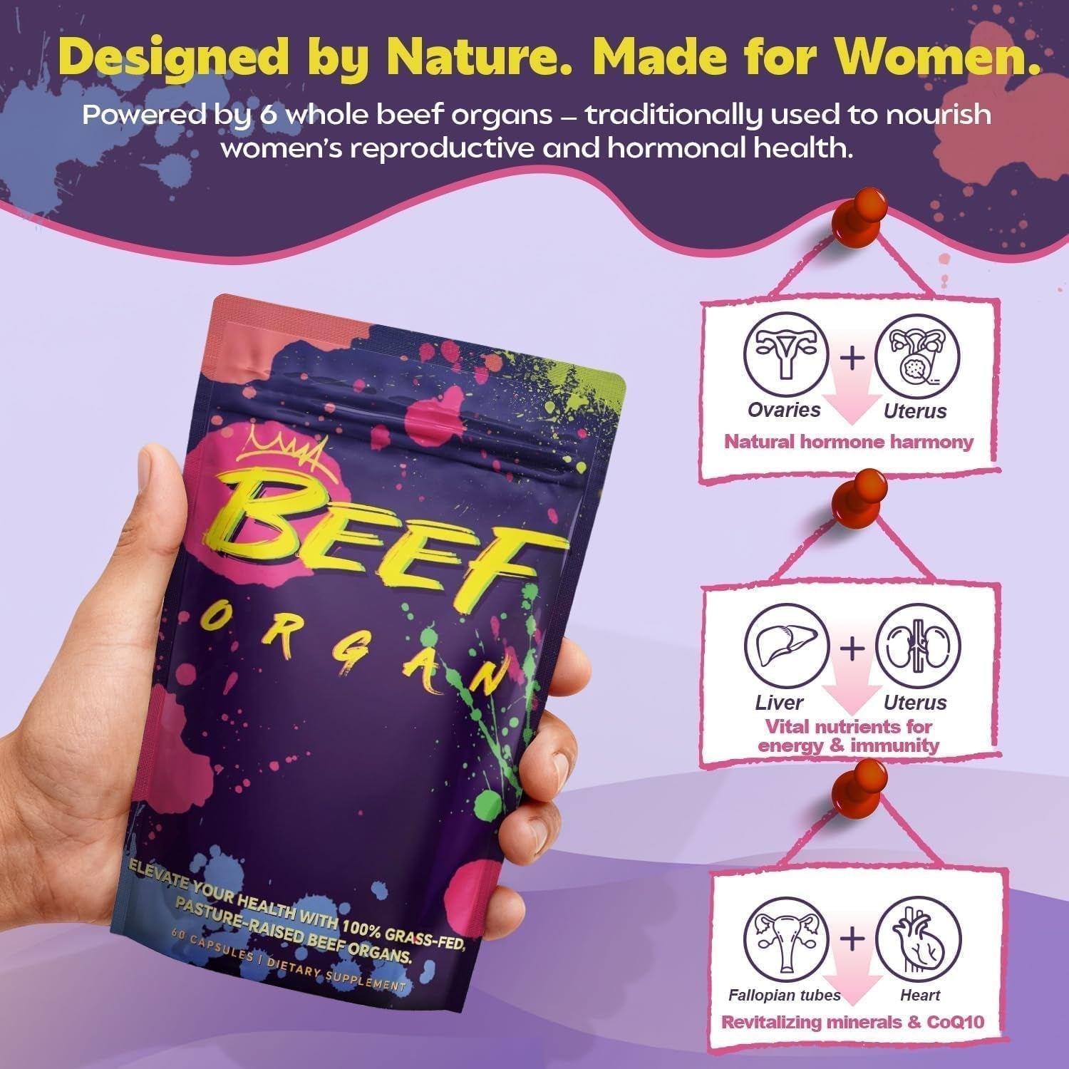 Female Beef Organ Supplement – Grass Fed & Pasture Raised – Beef Liver, Kidney, Uterus, Heart – Supports Hormone Balance, Energy, & Wellness – Grass Fed Natural Superfood for Women, 30 Days Supply