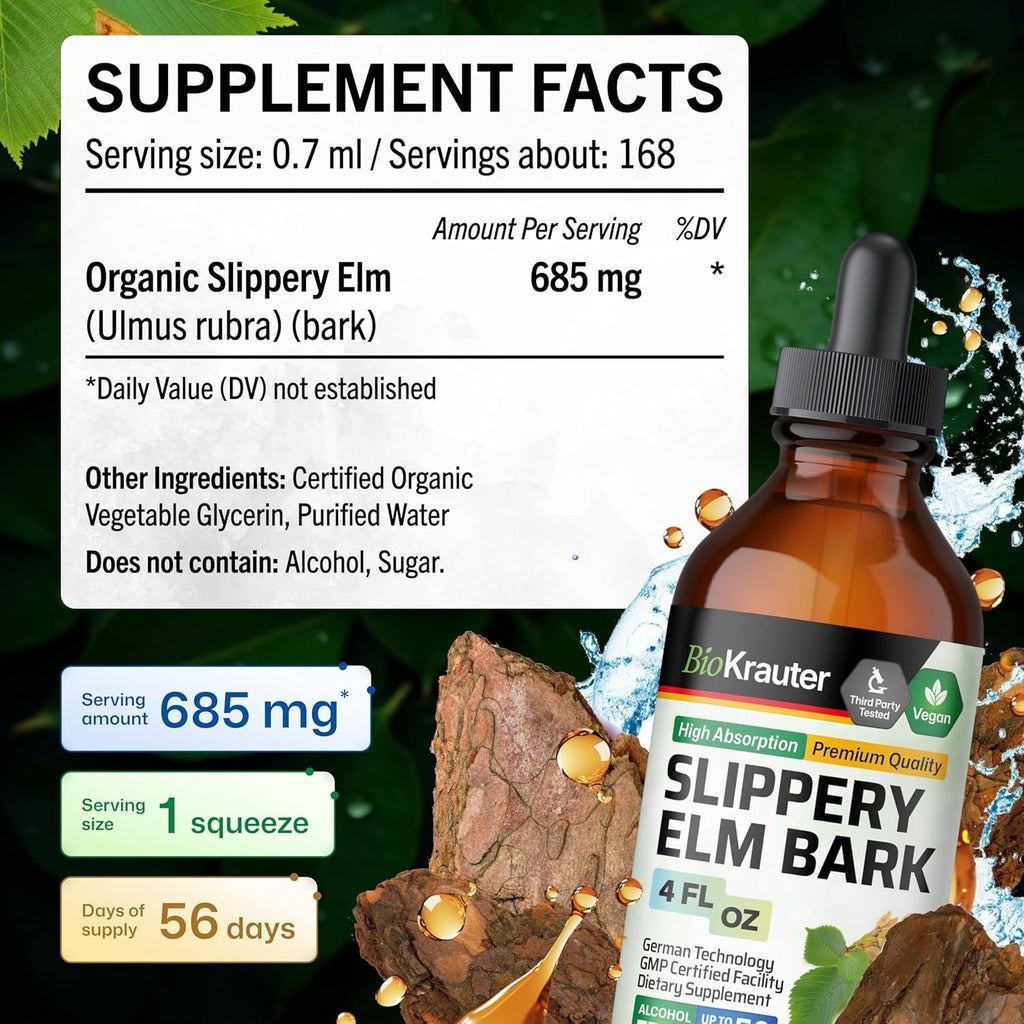 BIO KRAUTER Slippery Elm Bark Tincture - Pure Slippery Elm for Women & Men - 4 Fl.Oz. 56 Days of Supply - Throat & Voice Support - Vegan Liquid Drops for Lungs - Respiratory & Digestive Health