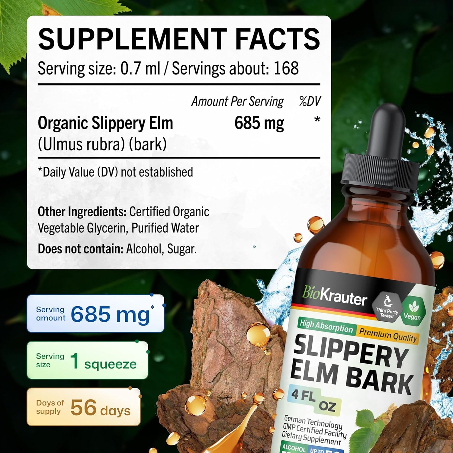 BIO KRAUTER Slippery Elm Bark Tincture - Pure Slippery Elm for Women & Men - 4 Fl.Oz. 56 Days of Supply - Throat & Voice Support - Vegan Liquid Drops for Lungs - Respiratory & Digestive Health