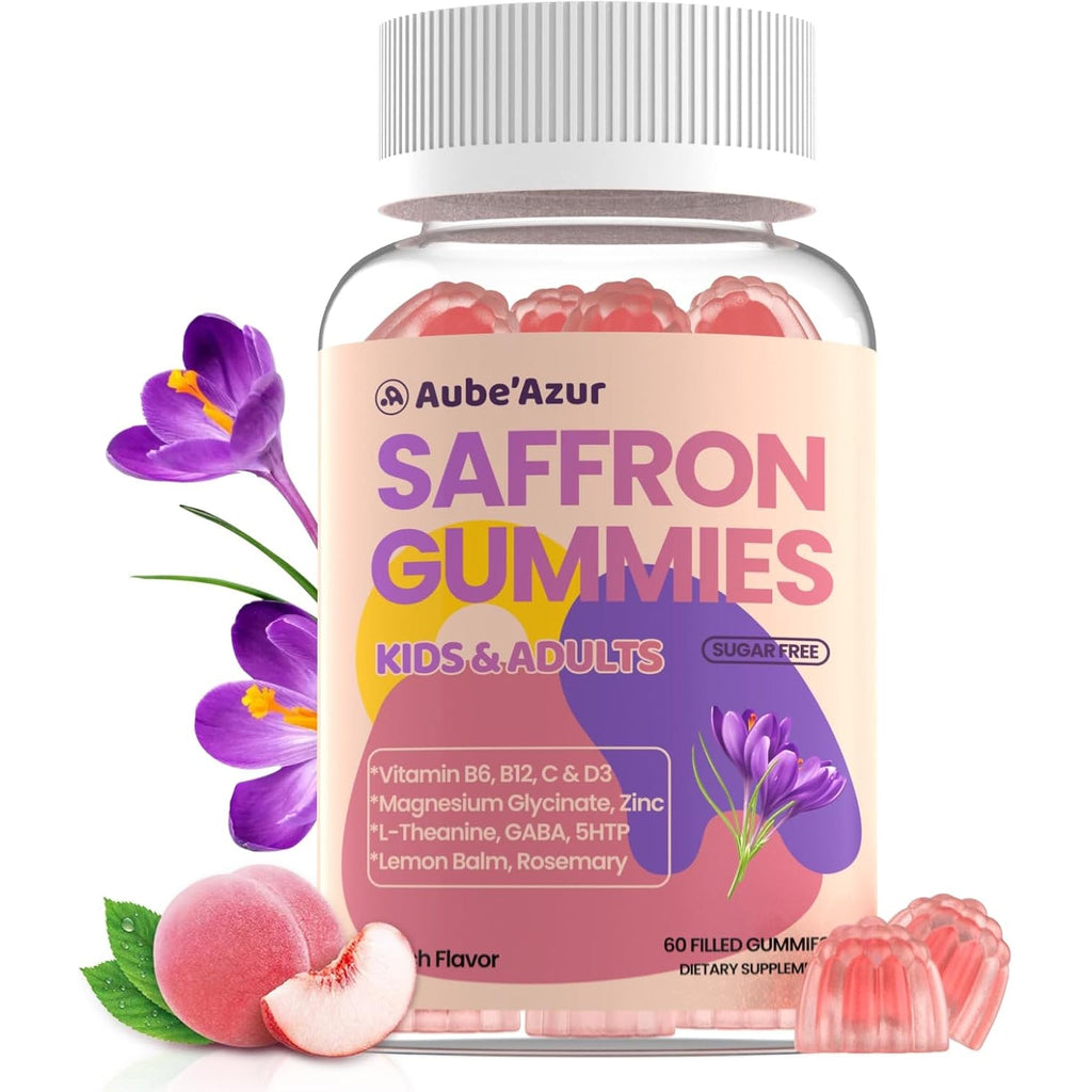Aube'Azur Saffron Gummies for Kids, 15-In-1 Saffron Supplements for Kids, with B6, B12, C, D3, Magnesium Glycinate, Zinc for Nerve, Rest, Focus, Sugar Free, Vegan, Non- GMO, Peach Flavor, 60 Count