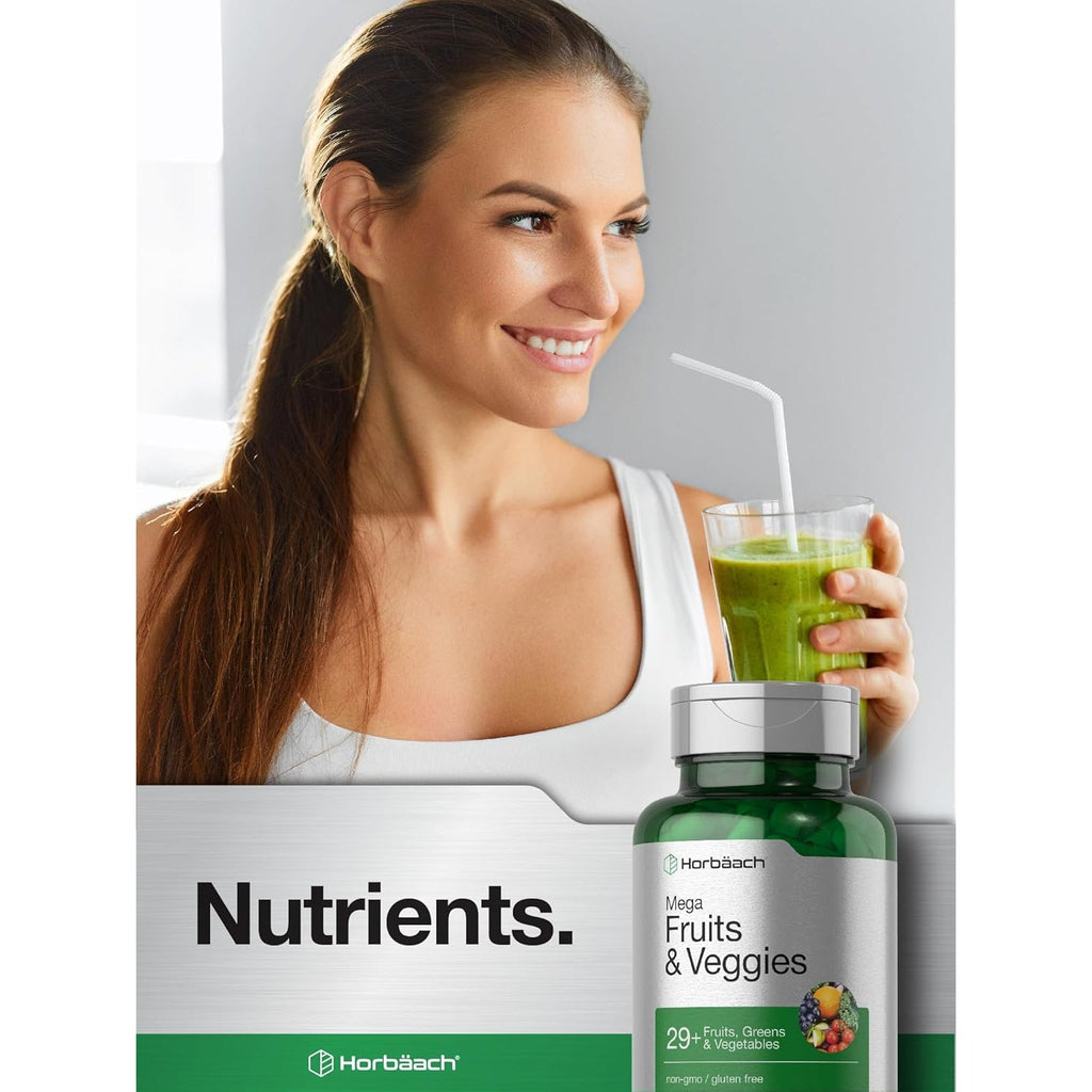 Horbäach Mega Fruits and Veggies Supplement | 100 Capsules | Vegetarian, Non-Gmo and Gluten Free