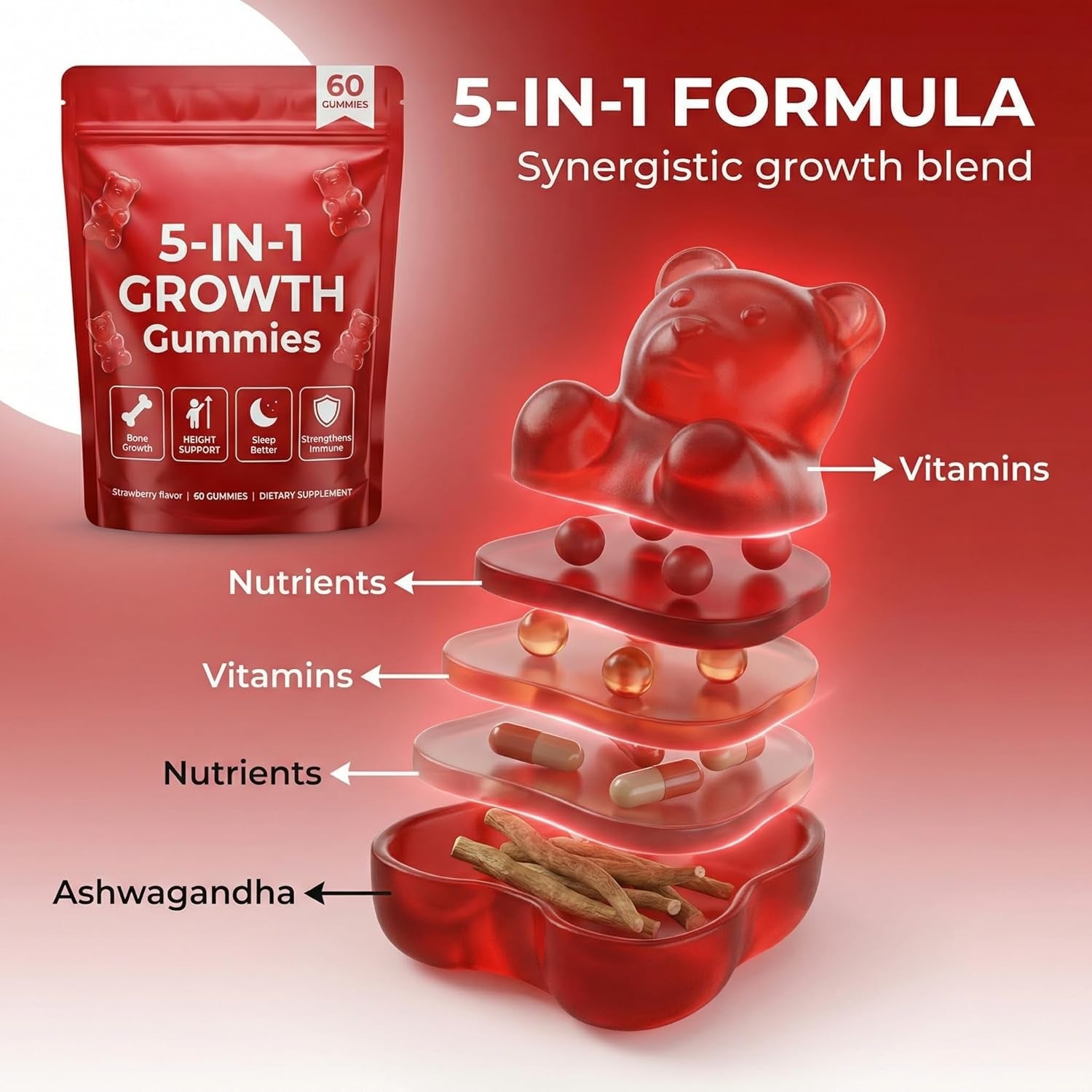 5-In-1 Growth Gummies, Supports Natural Height & Bone Development with Essential Amino Acids & D3, K2, Delicious Strawberry Flavor, 60-Count