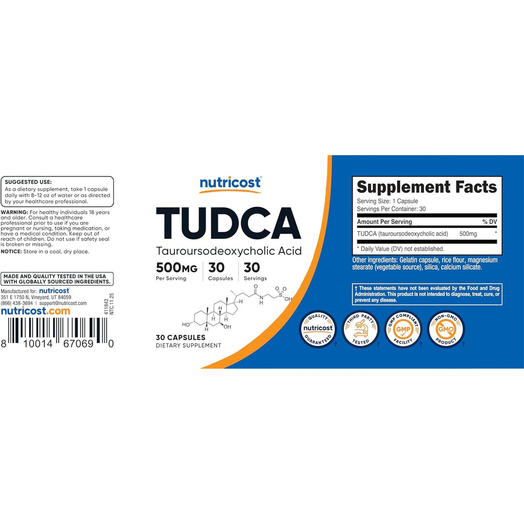 Nutricost Tudca 500Mg, 30 Capsules (Tauroursodeoxycholic Acid) - Premium Quality, Gluten Free