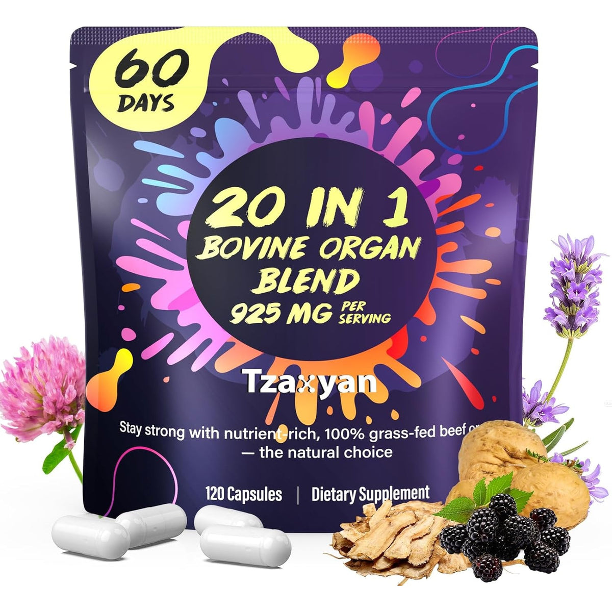 20-In-1 Beef Organ Supplement for Women, 925MG Grass Fed Beef Liver, Uterus, Ovary & 3 More with Maca, DIM, Black Cohosh, Vitamin & Mineral, Bovine Organ Capsules for Hormone Balance, Energy, 60 Days