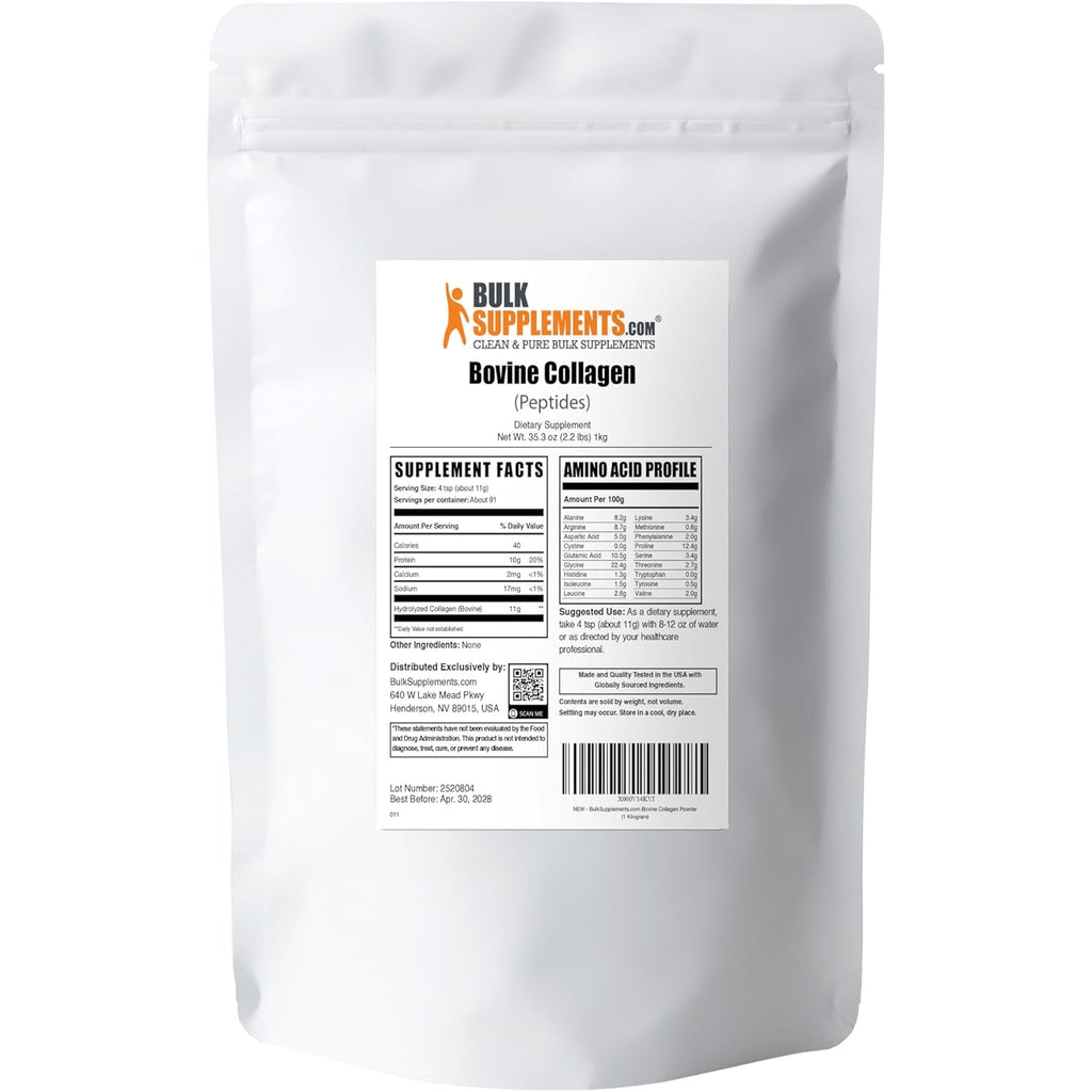 Bulksupplements.Com Collagen Peptides Powder - Bovine Collagen Powder, Powdered Collagen Supplement - Hydrolyzed & Gluten Free, 11G per Serving, 1Kg (2.2 Lbs) (Pack of 1)
