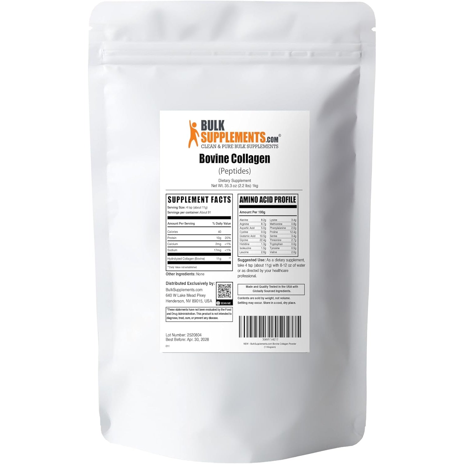 Bulksupplements.Com Collagen Peptides Powder - Bovine Collagen Powder, Powdered Collagen Supplement - Hydrolyzed & Gluten Free, 11G per Serving, 1Kg (2.2 Lbs) (Pack of 1)