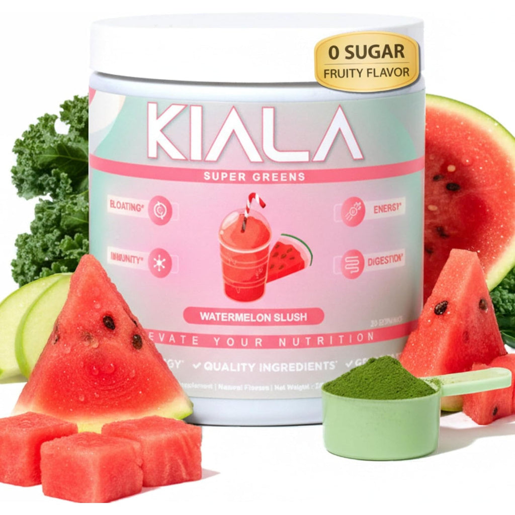 Kiala Nutrition Super Greens, Organic Greens Powder with Spirulina & Chlorella for Digestion, Gut Health, Immunity, Adaptogens, Energy, Gluten Free, Vegan, Sugar Free, Watermelon Slush, 30 Servings
