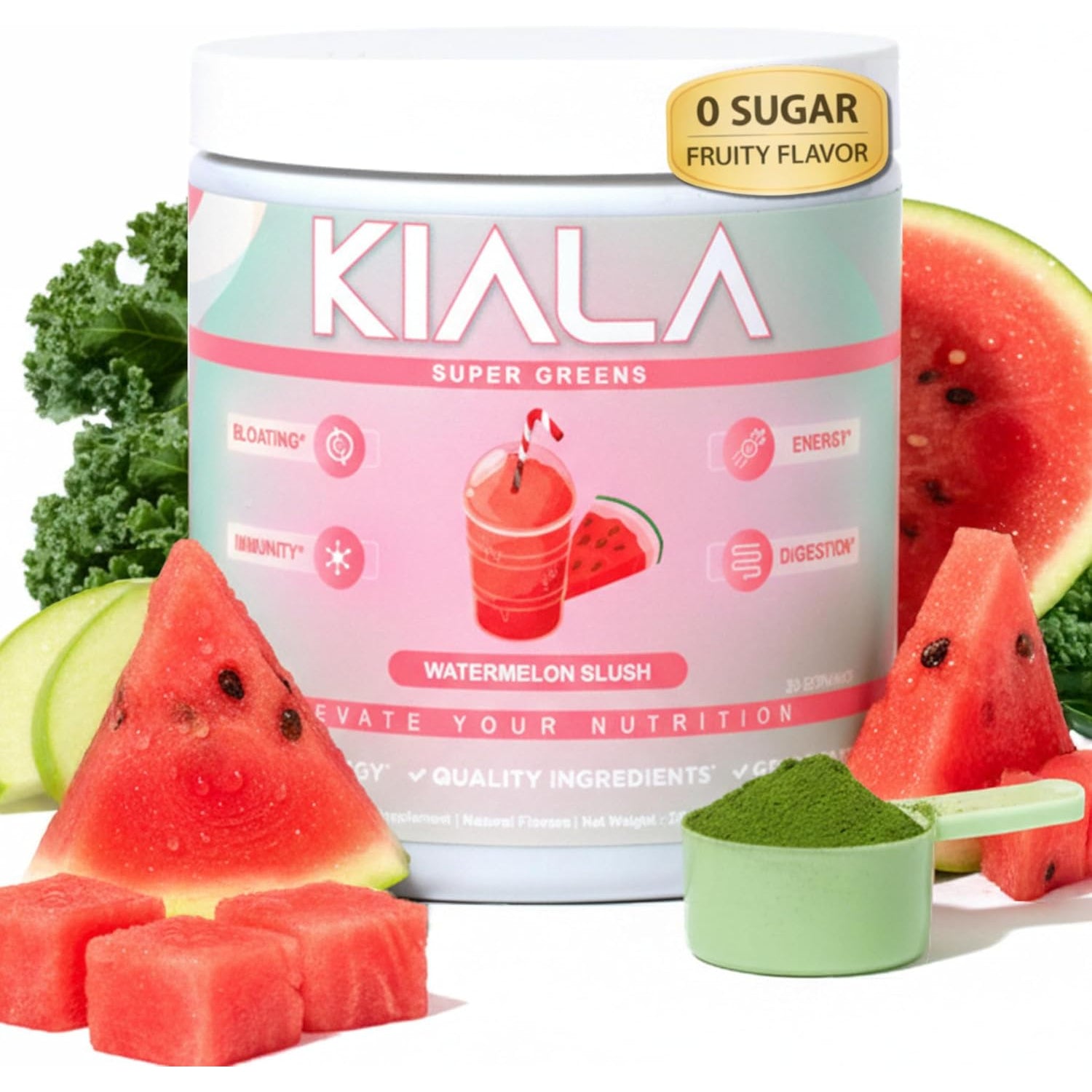 Kiala Nutrition Super Greens, Organic Greens Powder with Spirulina & Chlorella for Digestion, Gut Health, Immunity, Adaptogens, Energy, Gluten Free, Vegan, Sugar Free, Watermelon Slush, 30 Servings