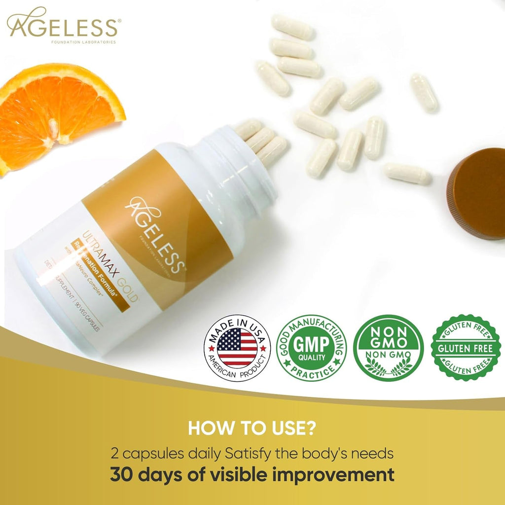 AGELESS™: Ultramax Gold™ Capsules, HGH Anti-Aging Supplement for Women, Slows Cellular Aging, Supports Immune Health, Smoother Skin Tone and Restorative Sleep, Weight Management, 90 Capsules