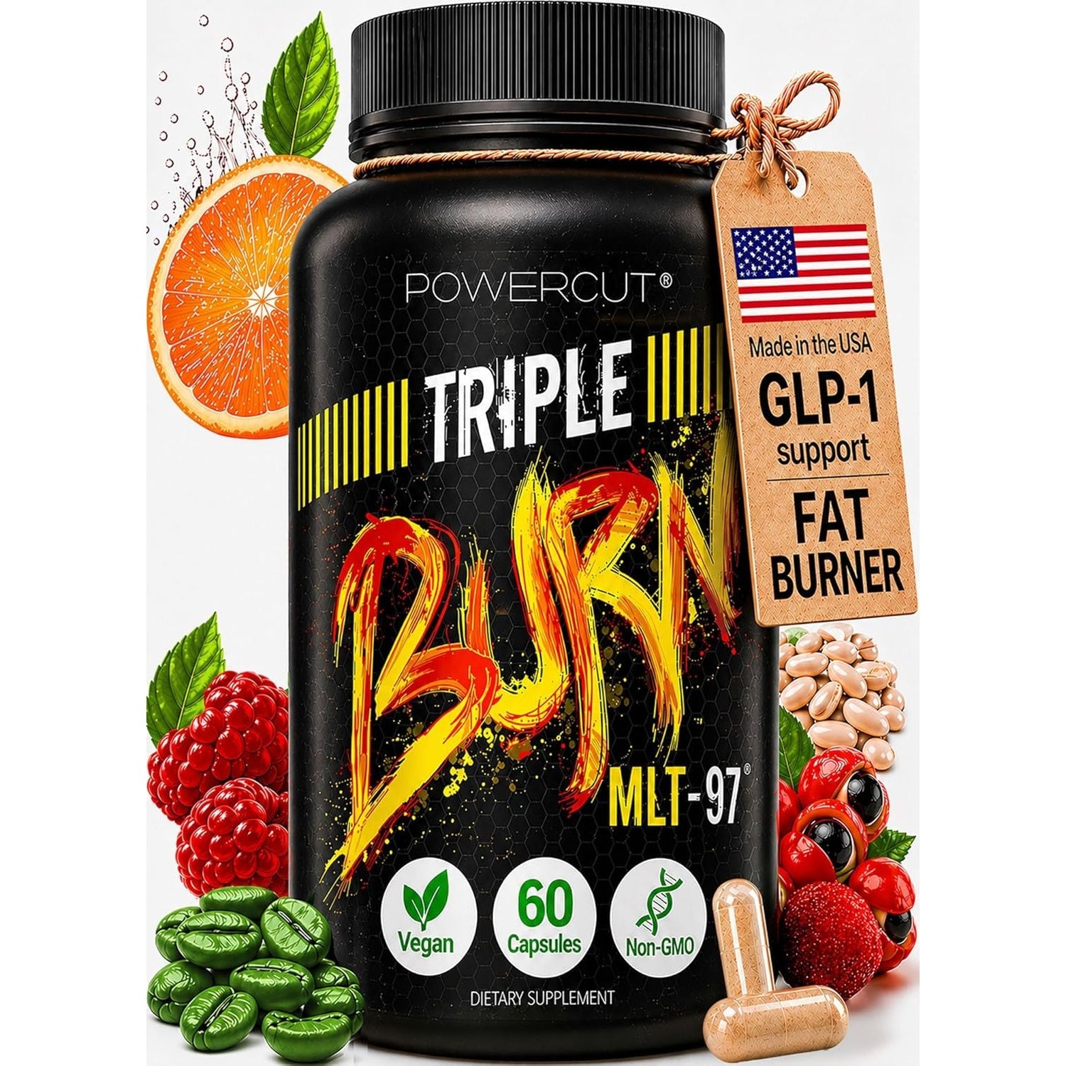 Triple Burn Weight Loss Pills for Women & Men, Fat Burner GLP-1 Support, Appetite Suppressant, Diet Pills with Green Coffee Extract & Cayenne (60 Capsules)