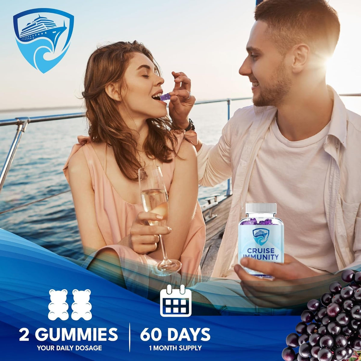 Immune Support Gummies for Cruisers with Vitamin C, B12, Zinc, Elderberry Extract, 60 Gummies, 30 Servings, Cruise and Travel Specific Wellness Supplement