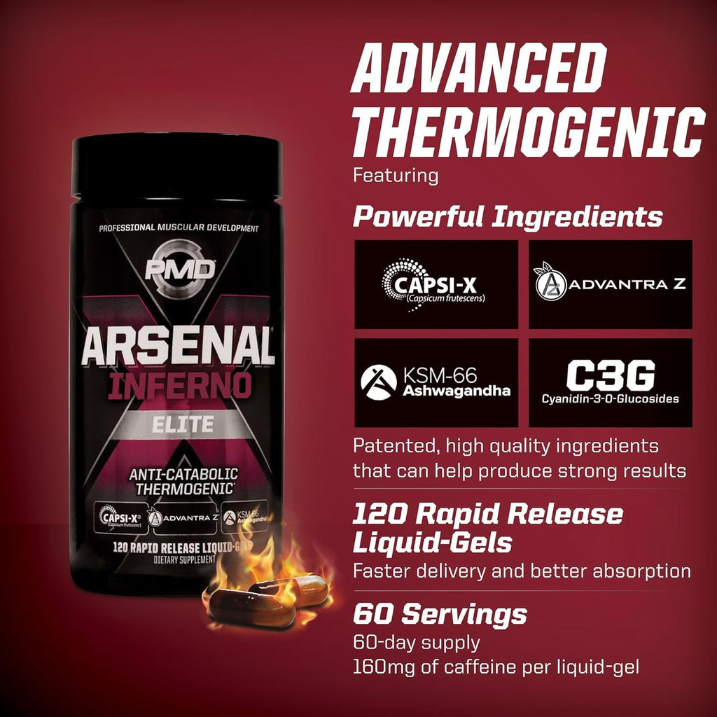 PMD Sports Arsenal X Inferno Superior Fast-Acting Liquid Gel Thermogenic Dietary Supplement - Fat Burner and Muscle Maintenance - Increase Metabolism and Energy Booster - 120 Liquid Gels