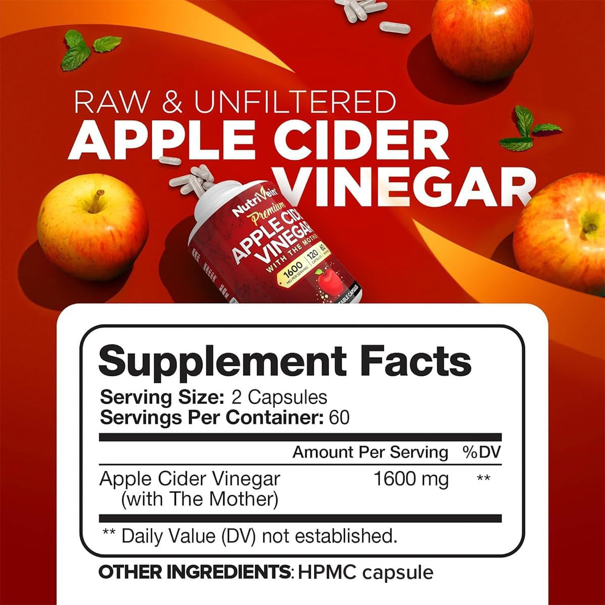 Nutrivein Premium Apple Cider Vinegar Supplements with Mother - 1600 Mg - 120 Apple Cider Vinegar Capsules: ACV Pills for Digestion, Keto, Cleansing, and Balanced Nutrition