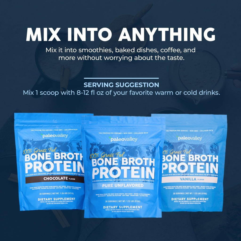 Paleovalley 100% Grass Fed Beef Bone Broth Protein Powder - Rich in Collagen Peptides for Hair, Skin, Gut Health, Bone and Joint Support - 13G Protein per Serving - No Gluten or Gmos - Chocolate