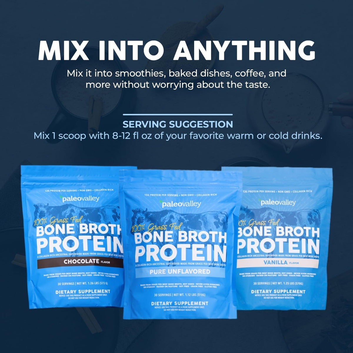 Paleovalley 100% Grass Fed Beef Bone Broth Protein Powder - Rich in Collagen Peptides for Hair, Skin, Gut Health, Bone and Joint Support - 13G Protein per Serving - No Gluten or Gmos - Chocolate
