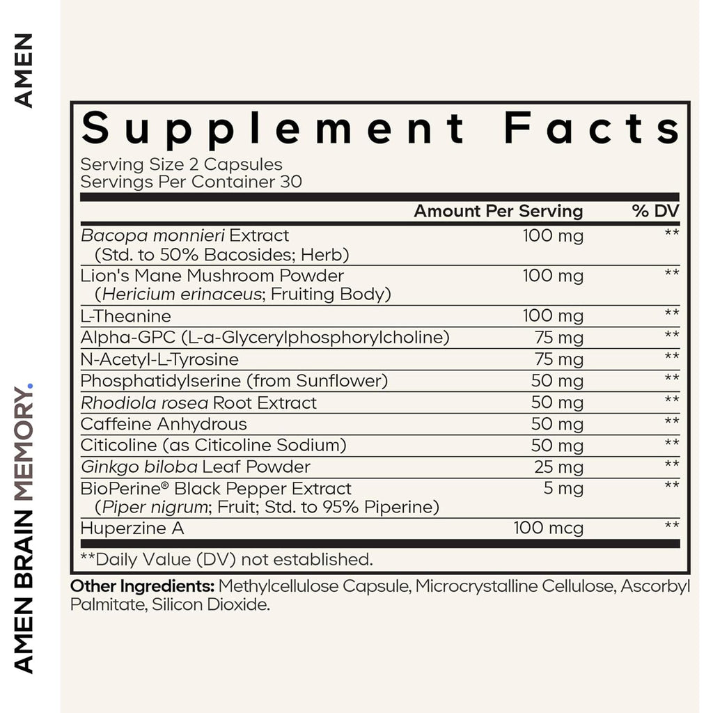 Amen Brain Memory Supplement- Bacopa, Lion’S Mane, Alpha-Gpc, Citicoline, Phosphatidylserine, Rhodiola, Ginkgo, Bioperine, Huperzine a - NSF Certified Cognition & Mind Vitamins, Non-Gmo - 60 Capsules