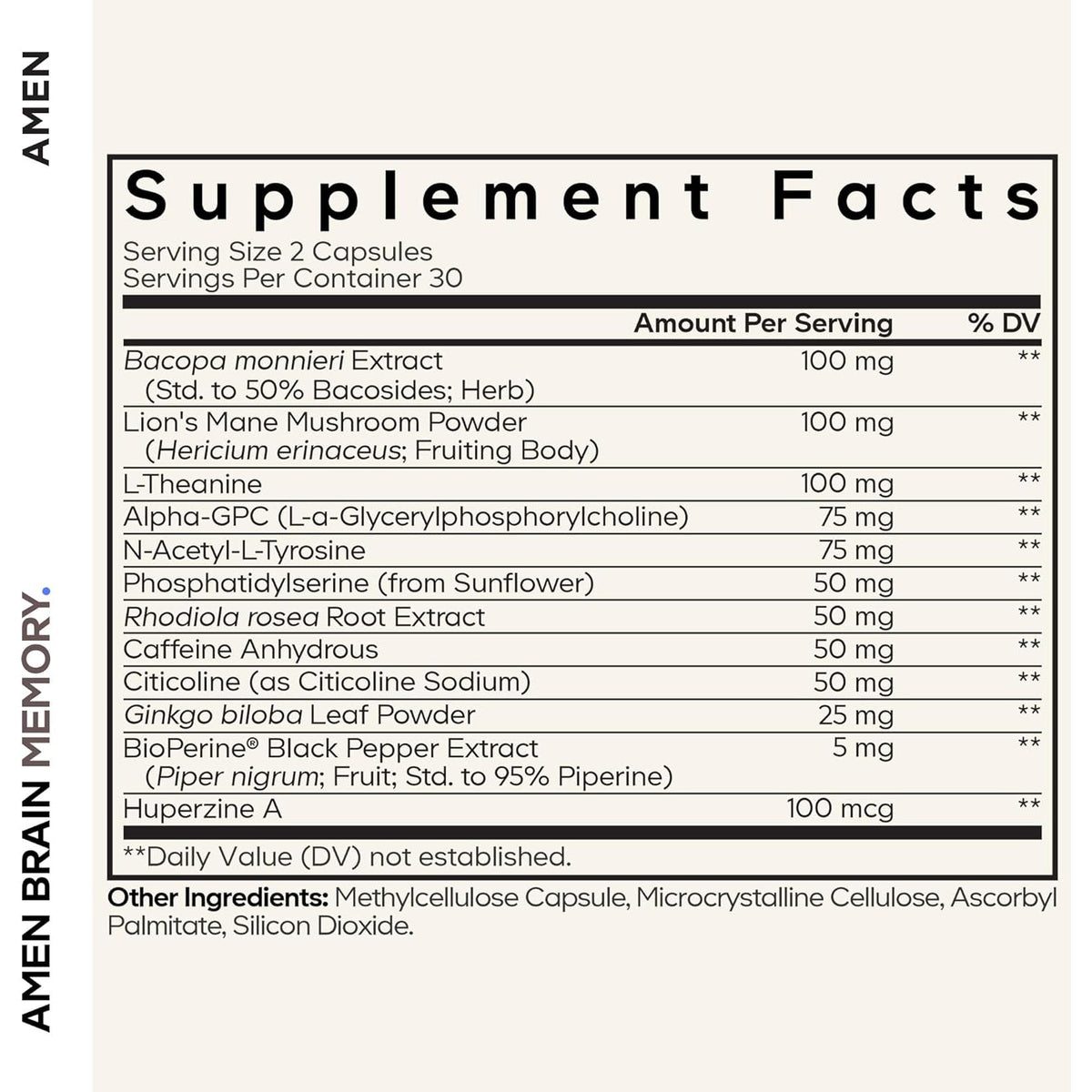 Amen Brain Memory Supplement- Bacopa, Lion’S Mane, Alpha-Gpc, Citicoline, Phosphatidylserine, Rhodiola, Ginkgo, Bioperine, Huperzine a - NSF Certified Cognition & Mind Vitamins, Non-Gmo - 60 Capsules