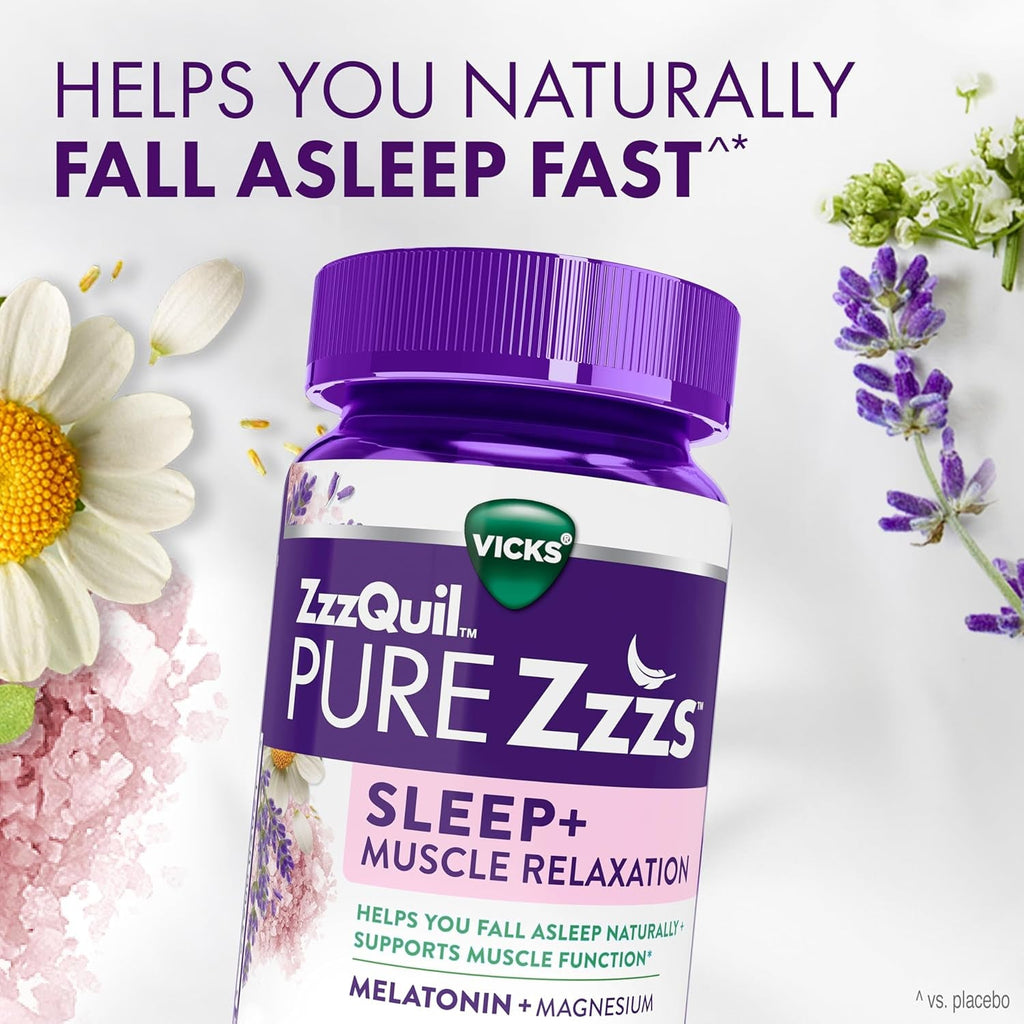Zzzquil Pure Zzzs Muscle Relaxation Melatonin Sleep Aid Gummies, Supports Muscle Function, Helps You Fall Asleep Naturally, Fast, Melatonin + Magnesium, No Next-Day Grogginess, Drug-Free, 60Ct