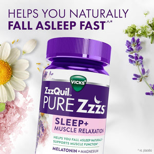 Zzzquil Pure Zzzs Muscle Relaxation Melatonin Sleep Aid Gummies, Supports Muscle Function, Helps You Fall Asleep Naturally, Fast, Melatonin + Magnesium, No Next-Day Grogginess, Drug-Free, 60Ct