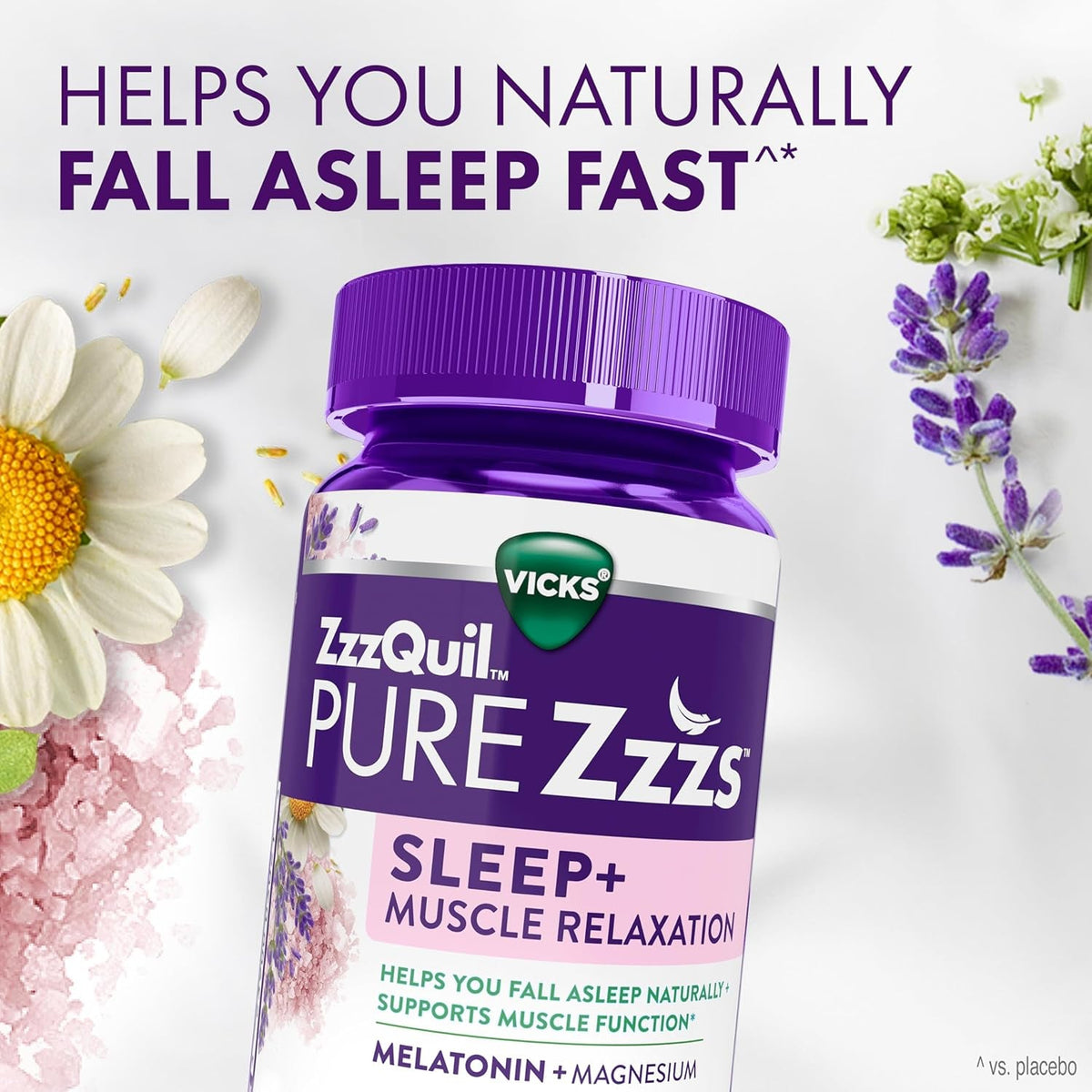 Zzzquil Pure Zzzs Muscle Relaxation Melatonin Sleep Aid Gummies, Supports Muscle Function, Helps You Fall Asleep Naturally, Fast, Melatonin + Magnesium, No Next-Day Grogginess, Drug-Free, 60Ct