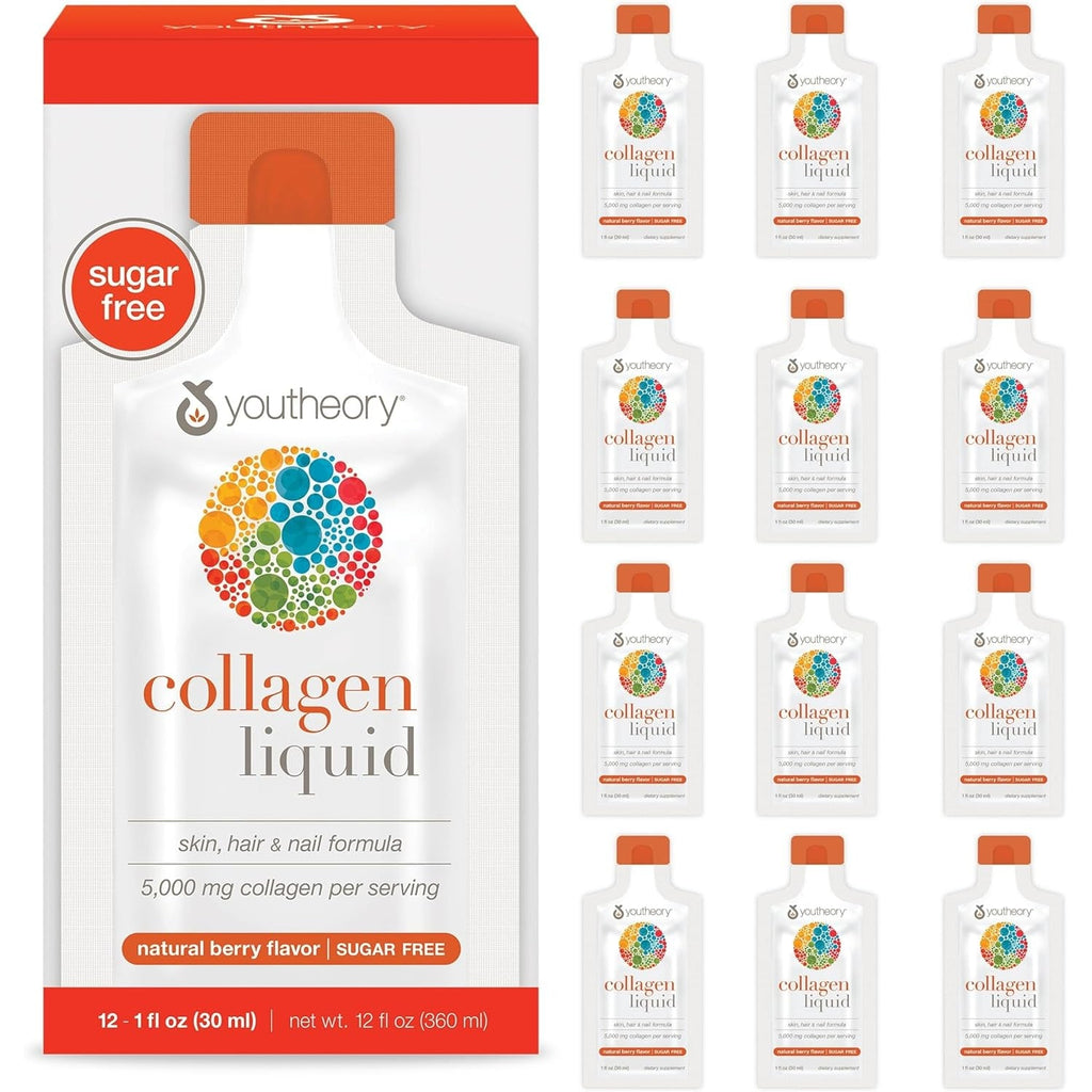 Youtheory Collagen Liquid - 5,000 Mg Hydrolyzed Collagen Peptides - Supports Hair, Nail, Joint & Bone Health* - Berry Flavor - 1 Oz Single Serve Packet, Pack of 12