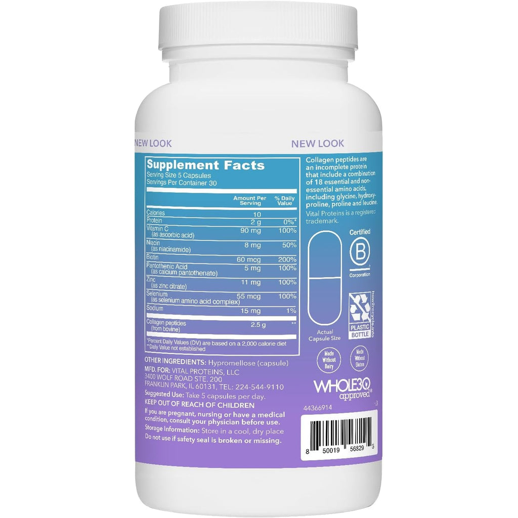 Vital Proteins Collagen Peptides Beauty Edition Capsules, 2.5G of Collagen per Serving with Biotin and Vitamin C, 30 Servings