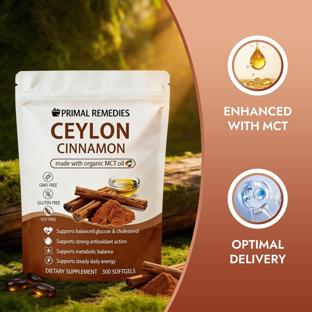 Primal Remedies Ceylon Cinnamon Made with Mct Oil – 300 Softgels, Non-Gmo & Gluten Free, Premium Ceylon Cinnamon Formula