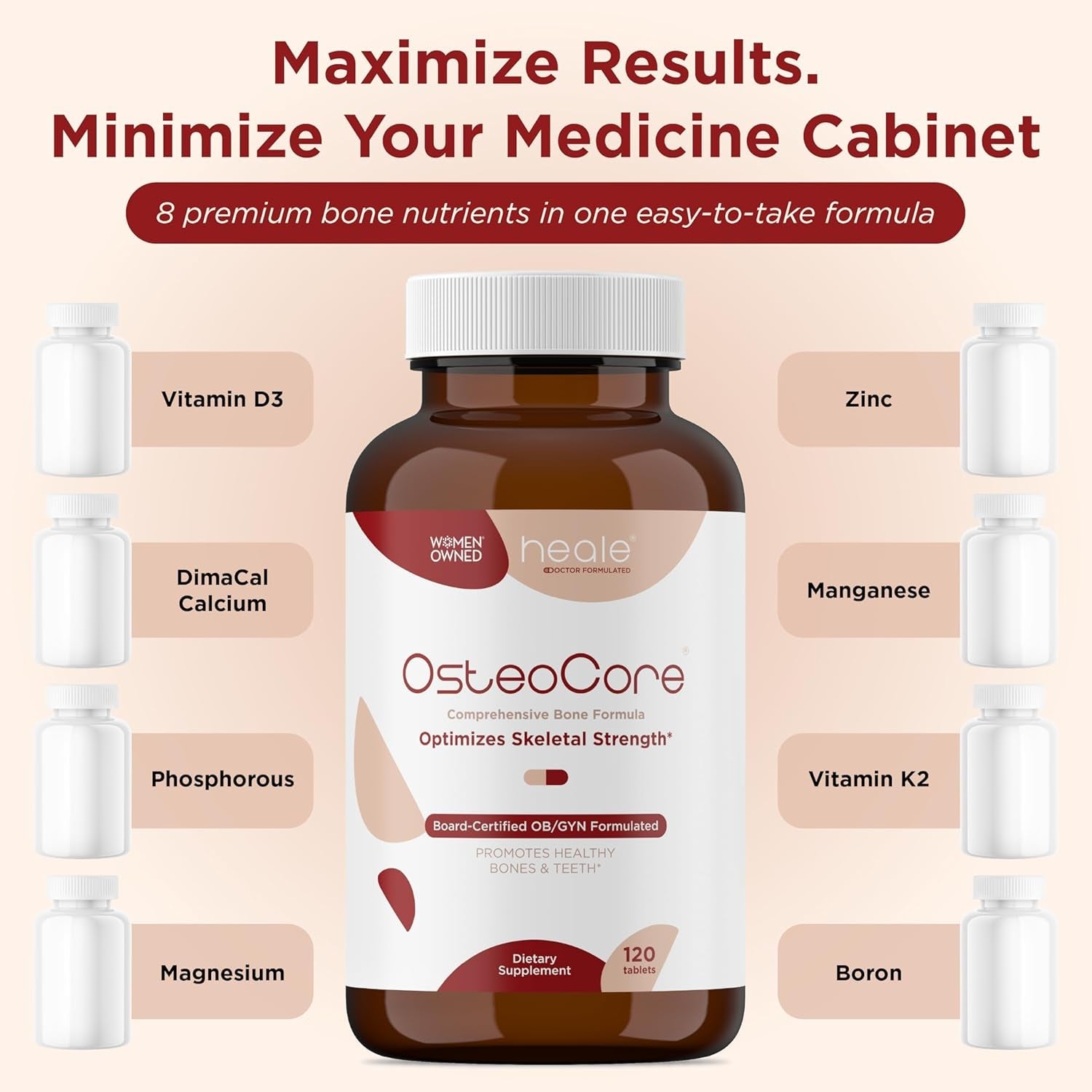 Osteocore - Calcium Supplements for Women (1 Month Supply) Osteoporosis & Bone Health - Calcium Absorption - Vitamin D3 & Vitamin K2 Complex - Gluten Free, Non GMO, Made in USA by Heale - 120 Tablets